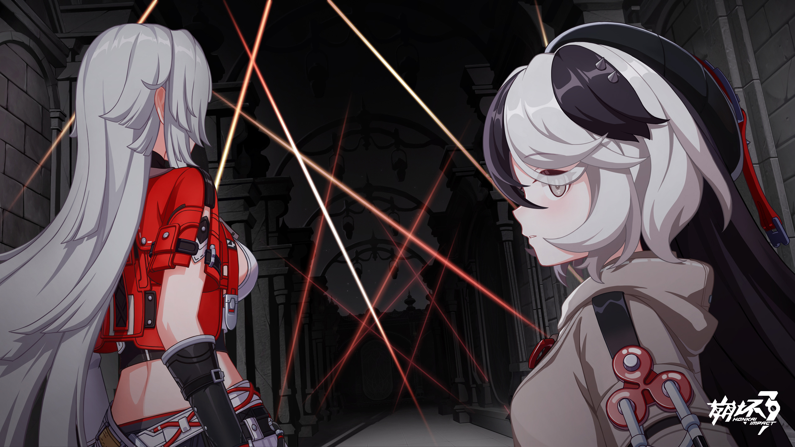 Anime 2560x1440 Honkai Impact Honkai Impact 3rd Coralie 6626 Planck (Honkai Impact 3rd) Erdős Helia (Honkai Impact 3rd) video game characters CGI video game girls long hair video game art screen shot video games two tone hair parted lips lasers title looking at viewer two women anime games anime girls
