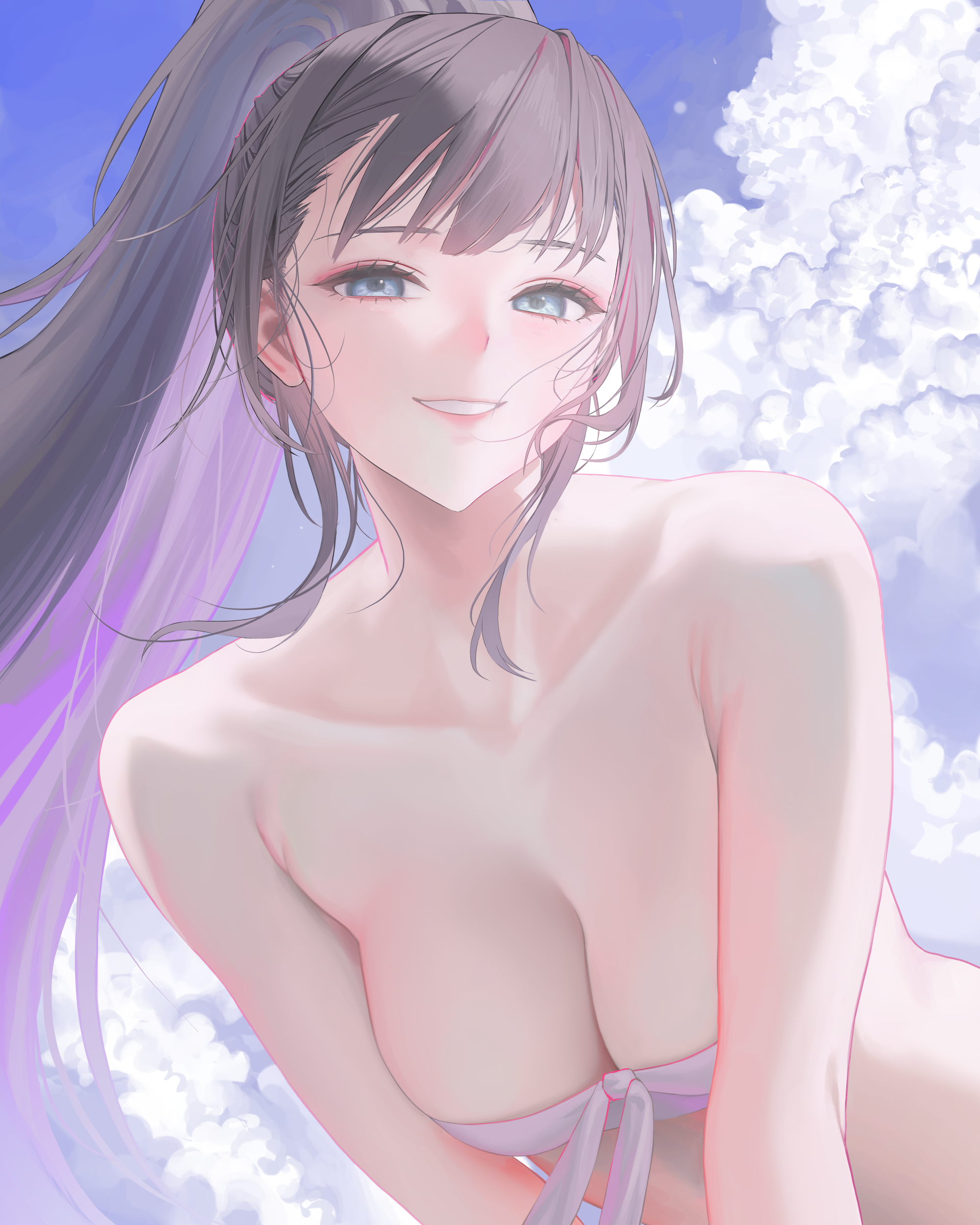 Anime 2000x2500 Path to Nowhere ponytail portrait display smiling Bai yi (Path to Nowhere) bikini top big boobs long hair Tokkihouse looking at viewer clouds bare shoulders blue eyes anime girls collarbone cleavage leaning