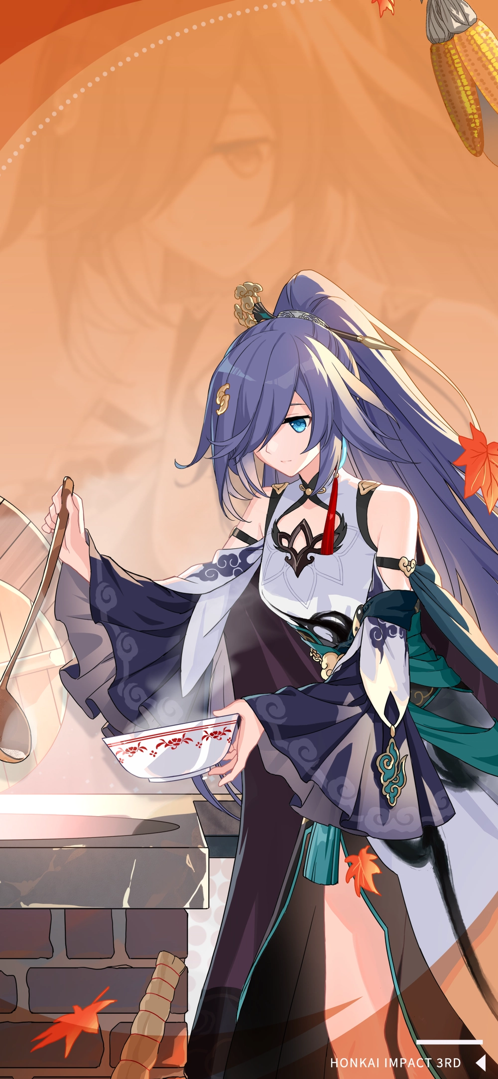 Anime 1000x2167 Honkai Impact Honkai Impact 3rd Fu Hua video game characters bowls portrait display video game girls standing video game art tassels wide sleeves long sleeves hair over one eye long hair bare shoulders leaning leaves chinese clothing ponytail steam (heat) detached sleeves spoon hair ornament frills anime games