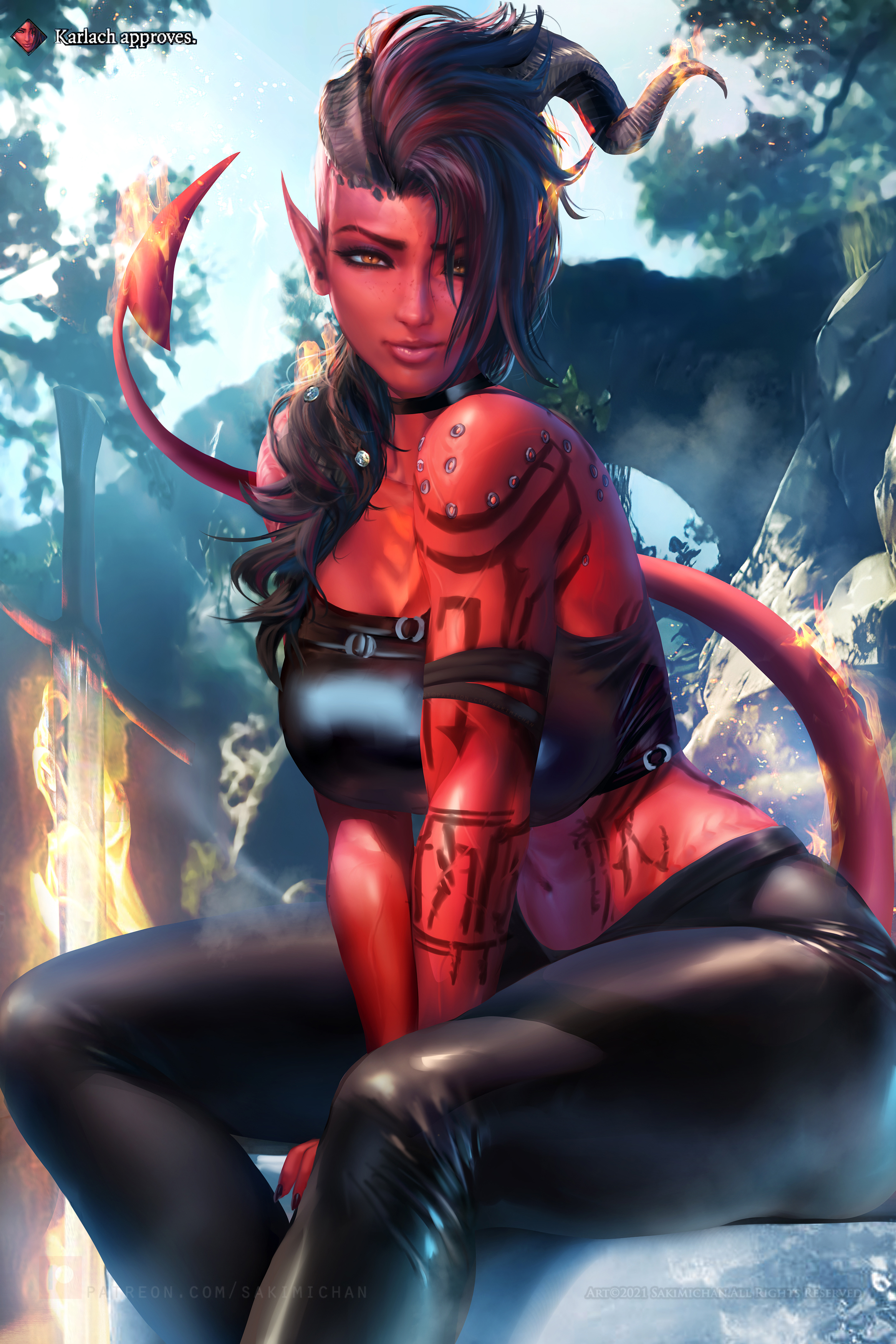 General 2333x3500 Karlach Baldur's Gate 3 video game characters fantasy girl artwork drawing fan art Sakimichan video games video game girls sitting looking at viewer long hair watermarked 2021 (year) demon girls red skin hand(s) between legs choker closed mouth pointy ears piercing demon tail two tone hair demon horns leaning latex bent legs fire sunlight hair over one eye