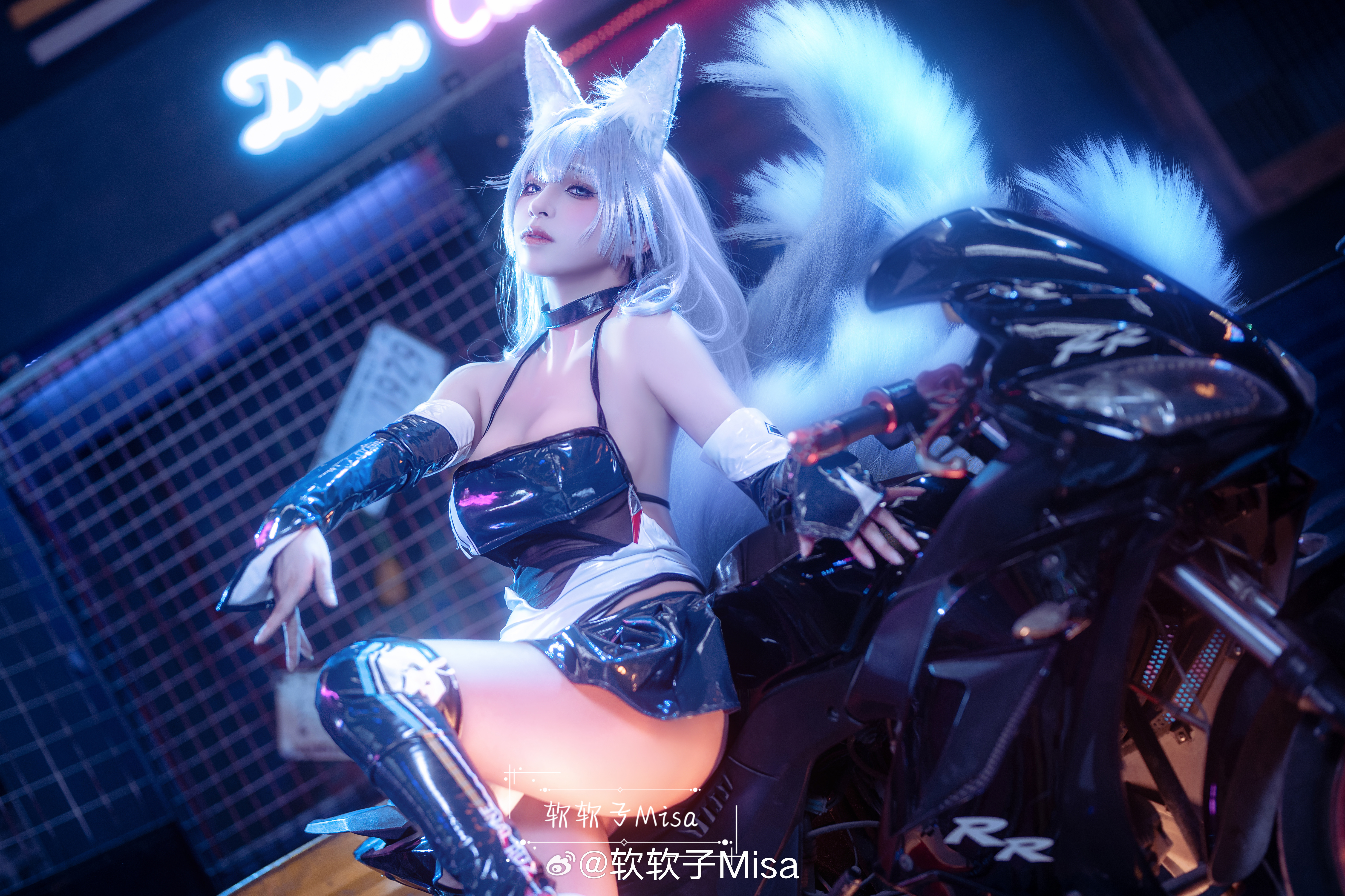 People 5847x3898 cosplay women Asian literuantebieru Shiroko (Blue Archive) Blue Archive long hair sitting anime girls anime parted lips looking at viewer skirt blue hair blue eyes cleavage big boobs fox girl fox ears fox tail watermarked Weibo motorcycle women with motorcycles