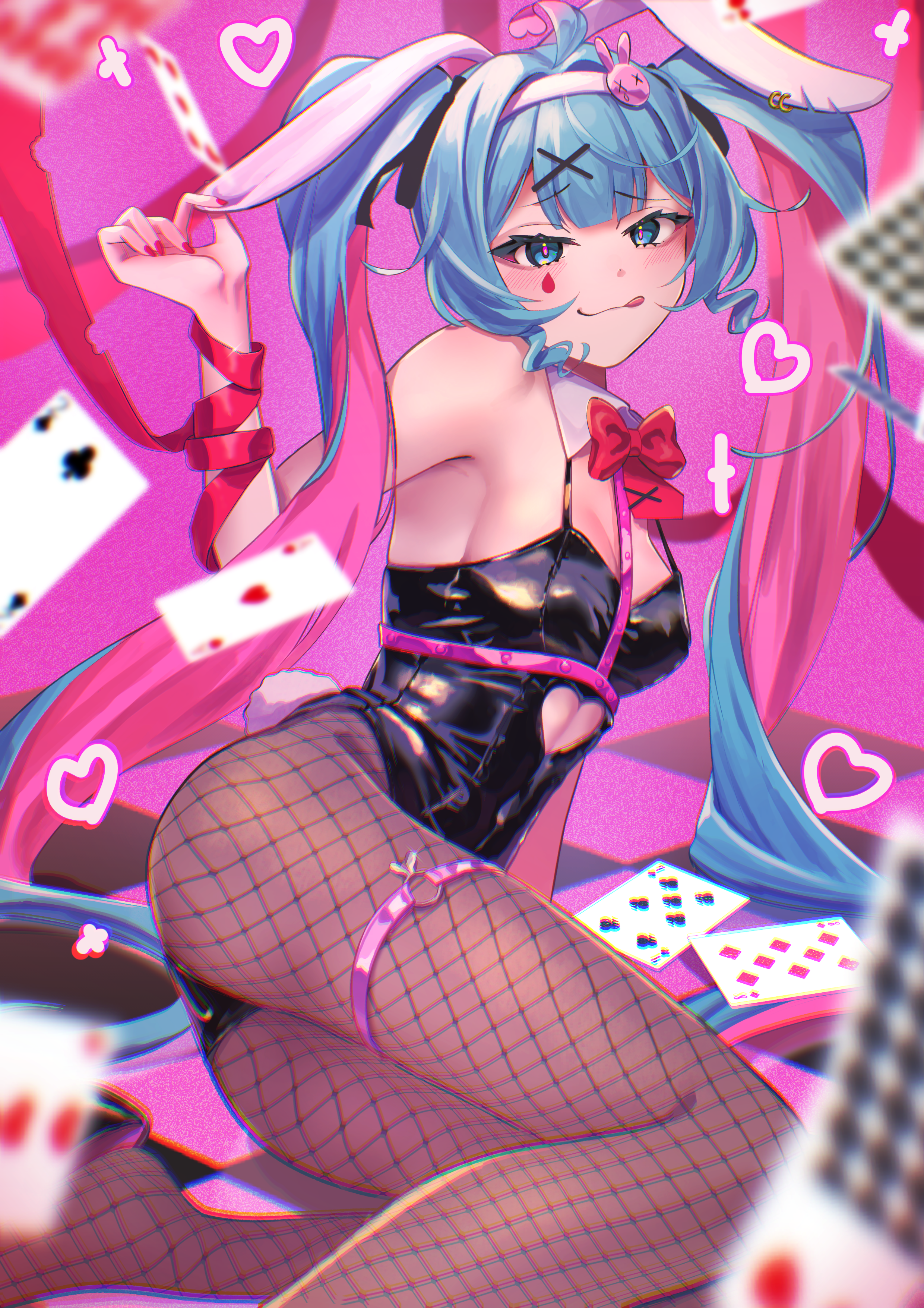Anime 2480x3509 Vocaloid Hatsune Miku anime anime girls bunny suit bunny ears animal ears 114usamaro portrait display twintails two tone hair blue eyes long hair black leotard thigh strap bunny tail fishnet fishnet pantyhose tongue out headband red nails painted nails red ribbon ribbon small boobs lying down checkered bow tie heart cards ass ahoge on the ground
