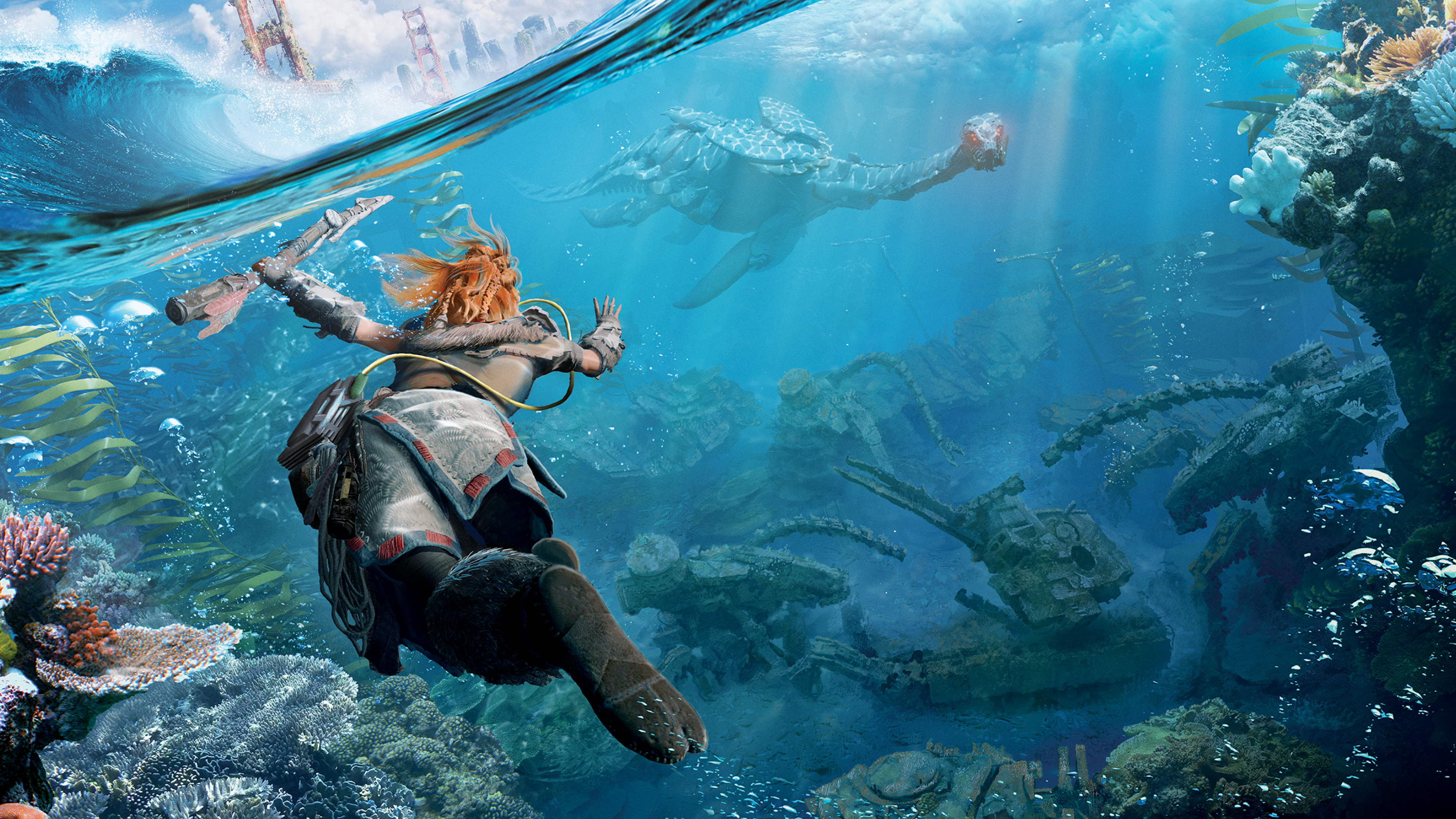 General 3840x2160 Horizon Forbidden West video game girls Aloy Guerrilla Games water video game art swimming machine underwater video game characters sunlight coral waves video games bubbles