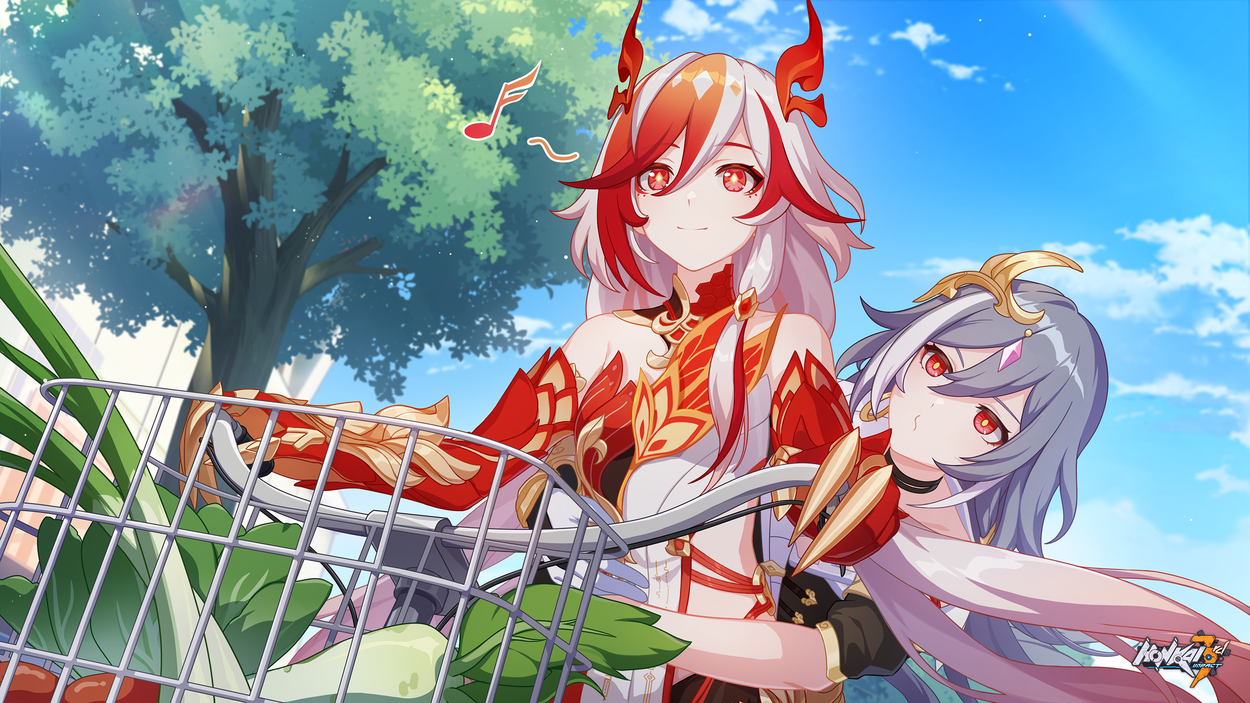 Anime 2560x1440 Honkai Impact 3rd Honkai Impact Fu Hua video game characters sky video game girls smiling video game art long hair two tone hair clouds closed mouth choker red eyes musical notes bicycle hair between eyes title trees sunlight