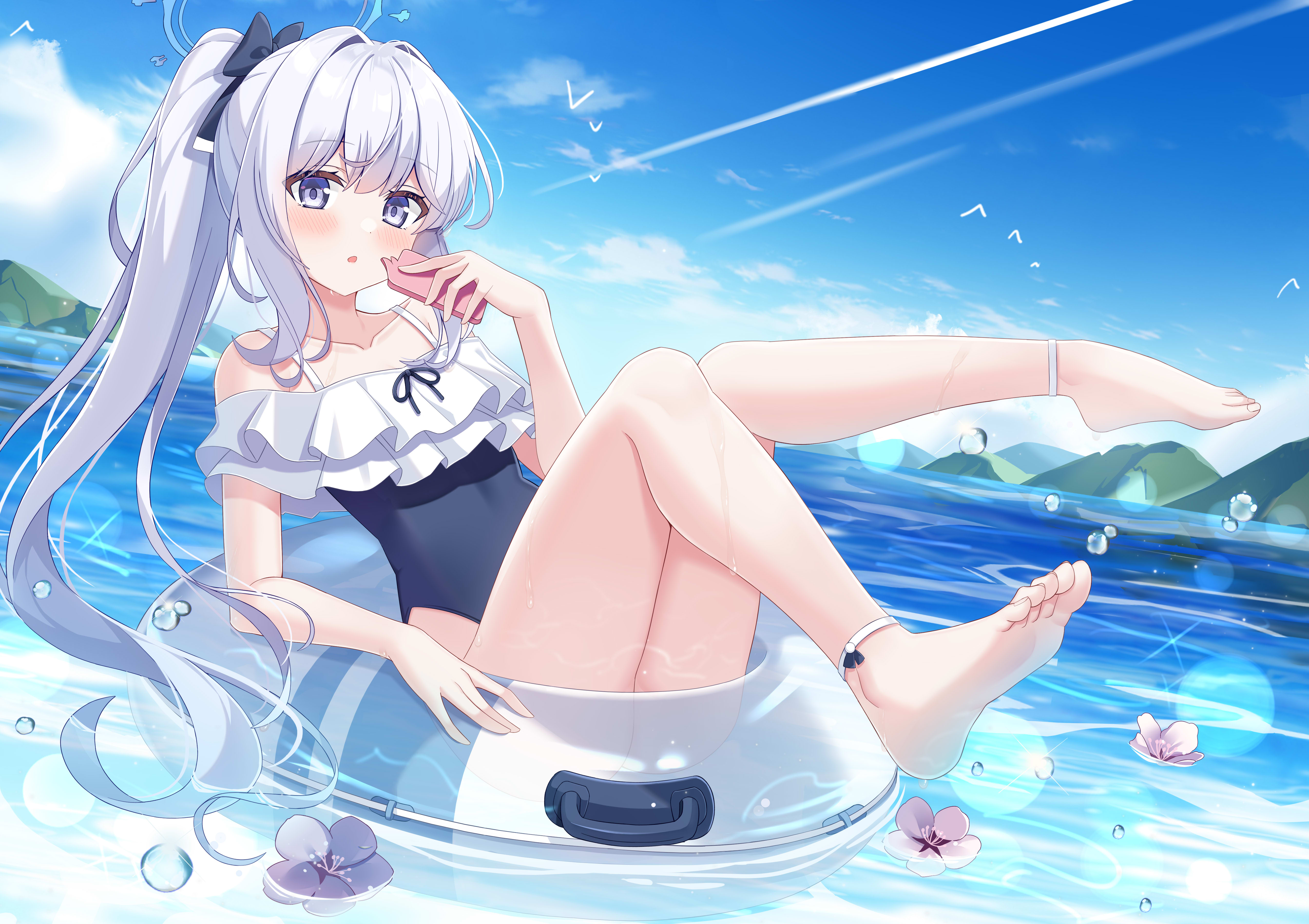 Anime 5100x3600 anime anime girls Blue Archive swimwear Tsukiyuki Miyako sky fengshen chino long hair looking at viewer water bent legs pointy ears one-piece swimsuit clouds phone water drops floater feet flowers ponytail foot sole hair between eyes blushing blue eyes white hair open mouth