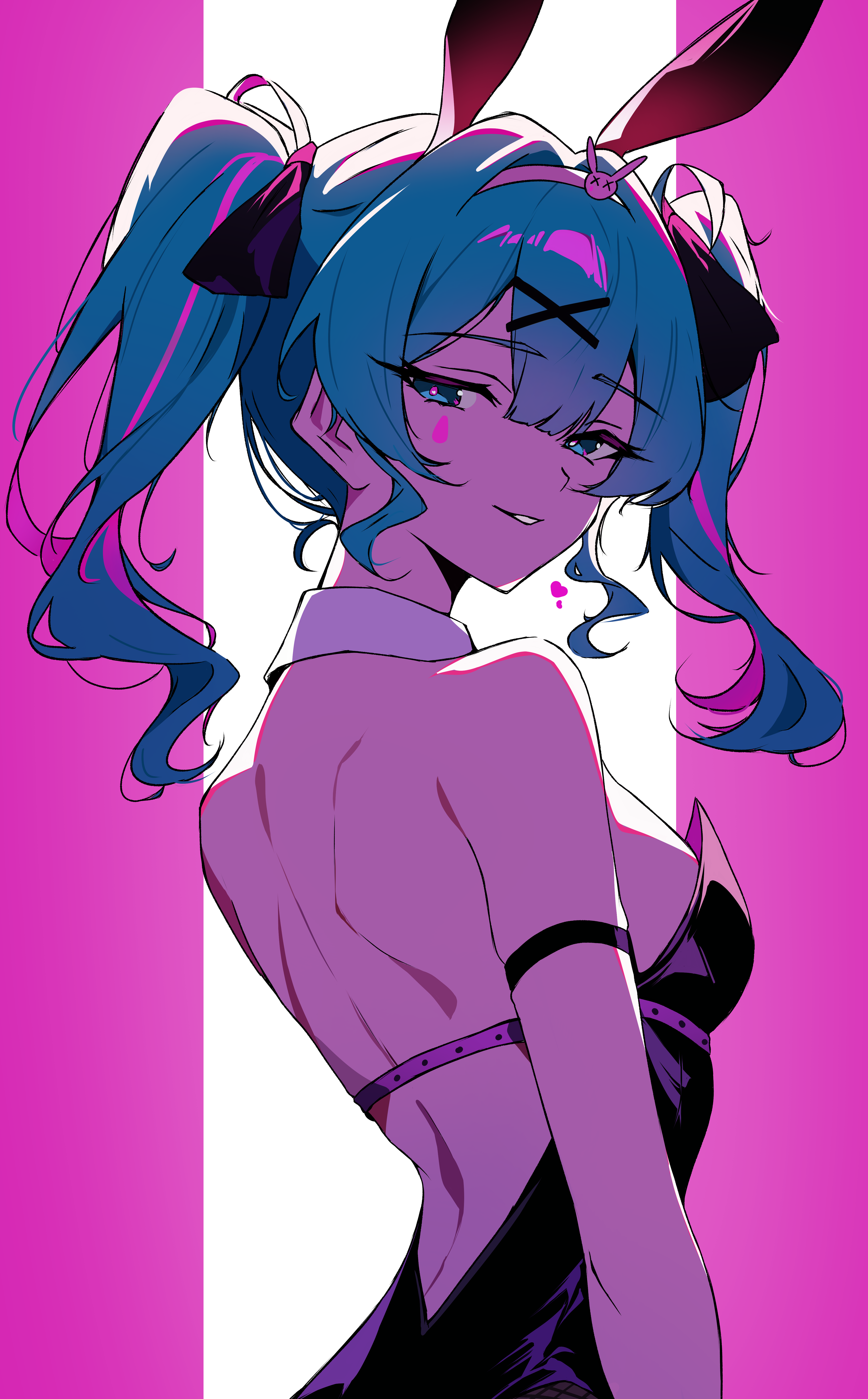 Anime 4320x6960 Vocaloid Hatsune Miku anime anime girls bunny ears bunny suit Izlnxo portrait display arched back looking back simple background skinny purple leotard smiling two tone hair twintails blue eyes parted lips looking at viewer back bunny girl hair ribbon headband hair ornament