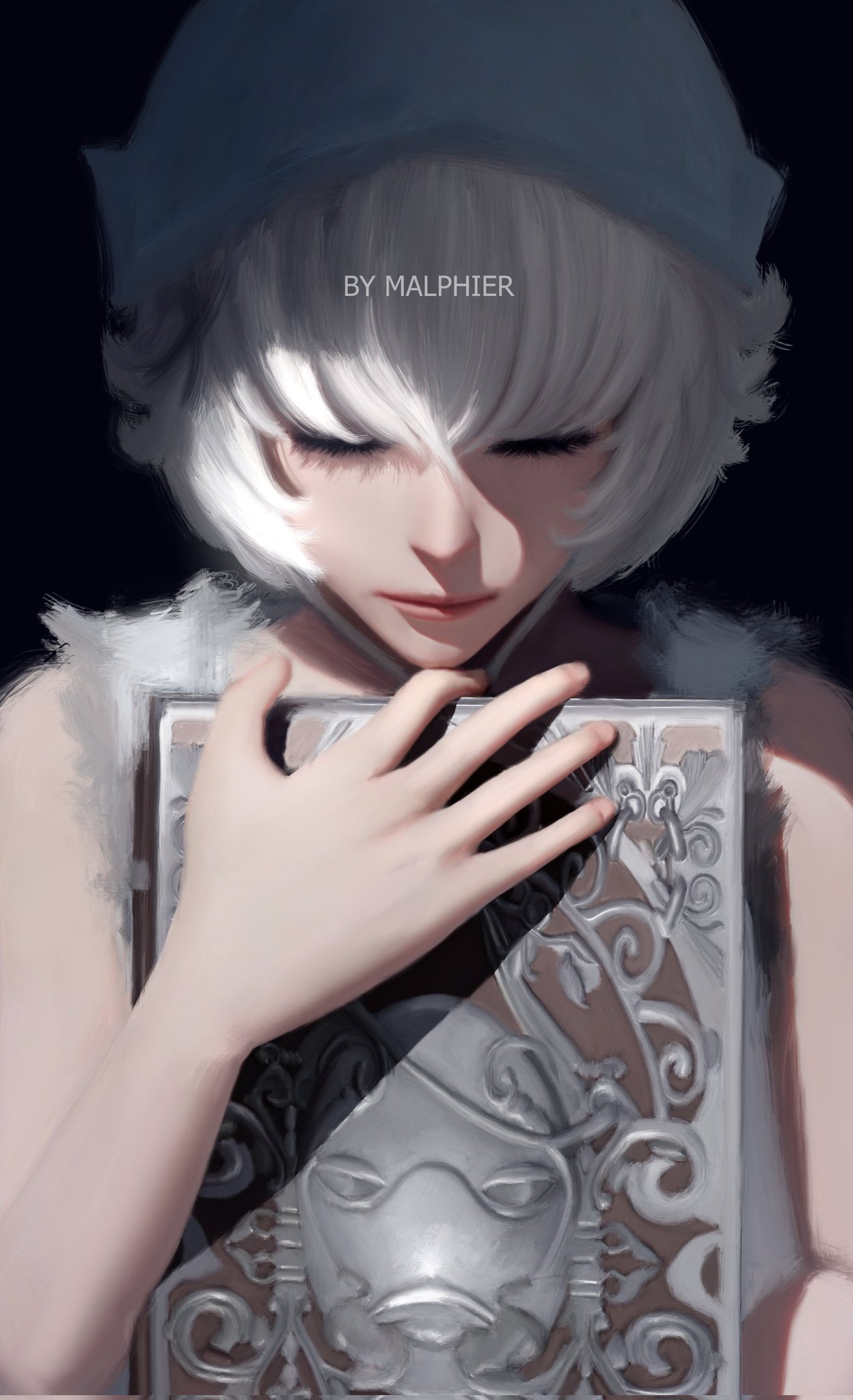 General 1248x2048 Kaine (NieR) NieR Replicant NieR Reincarnation Caucasian white hair short hair artwork Realism video games video game characters Square Enix Malphier Platinum games books video game girls face closed eyes closed mouth Nier: Automata fingers portrait display hands frontal view