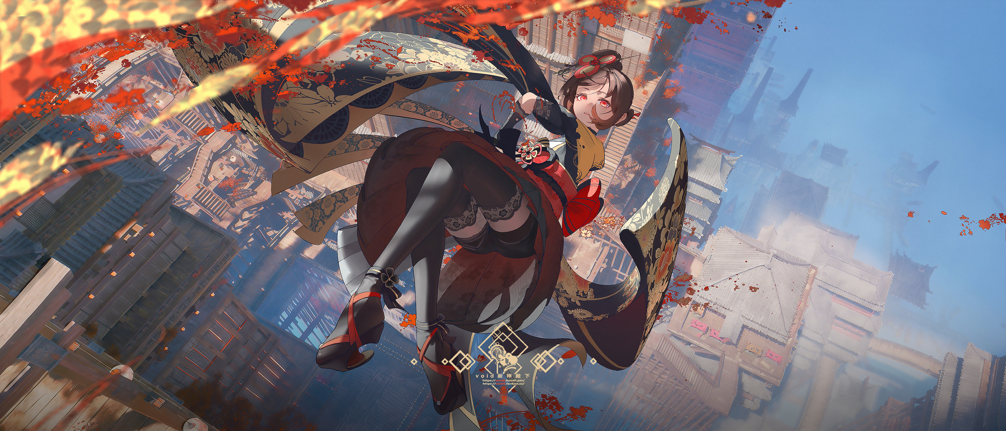 Anime 3360x1440 Chiori (Genshin Impact) red eyes low-angle void_0 Genshin Impact looking at viewer skirt high heels short hair anime girls watermarked brunette black stockings stockings Japanese clothes architecture bent legs