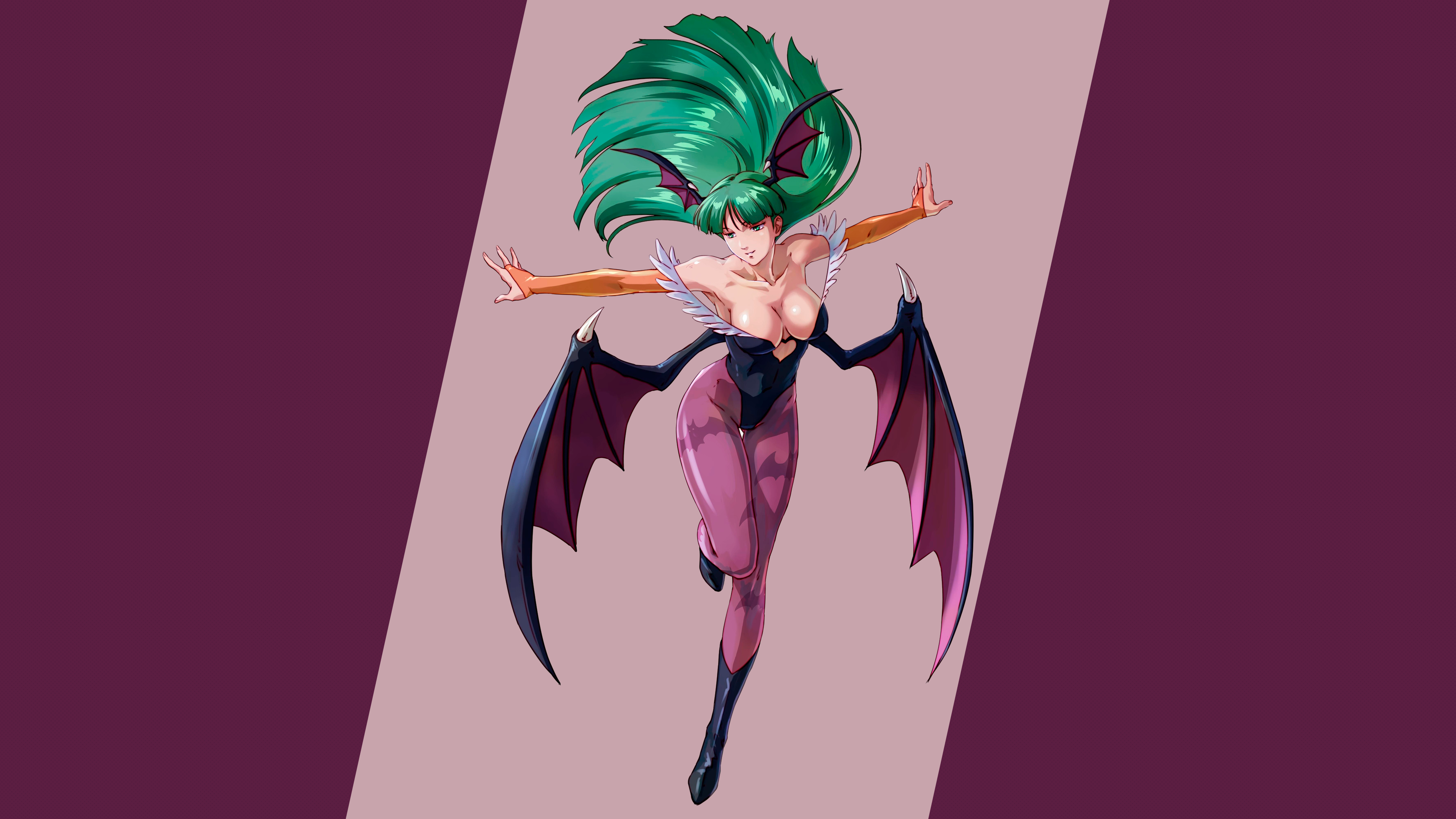 Anime 3840x2160 video games video game girls long hair simple background Capcom bangs anime girls Morrigan Aensland vampires succubus wings anime girl with wings head wings bat wings leggings tight clothing leotard black leotard cleavage boobs big boobs arm warmers green hair fighting games Darkstalkers boots black boots fangs thighs together thick thigh green eyes armpits clothing cutout belly button