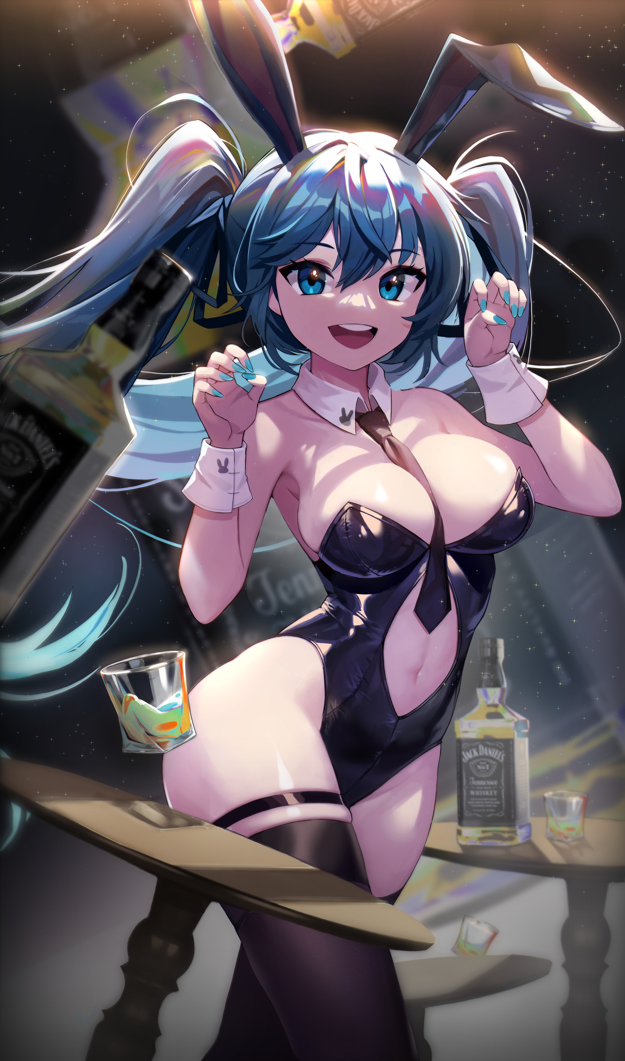 Anime 2063x3500 Vocaloid Hatsune Miku anime anime girls bunny suit twintails hair between eyes U jin blue nails painted nails portrait display big boobs black leotard thigh strap skindentation thigh-highs black thigh highs smiling open mouth long hair blue hair blue eyes whiskey glass table leotard looking at viewer bunny ears wrist cuffs alcohol hair ribbon glass bottle drinking glass