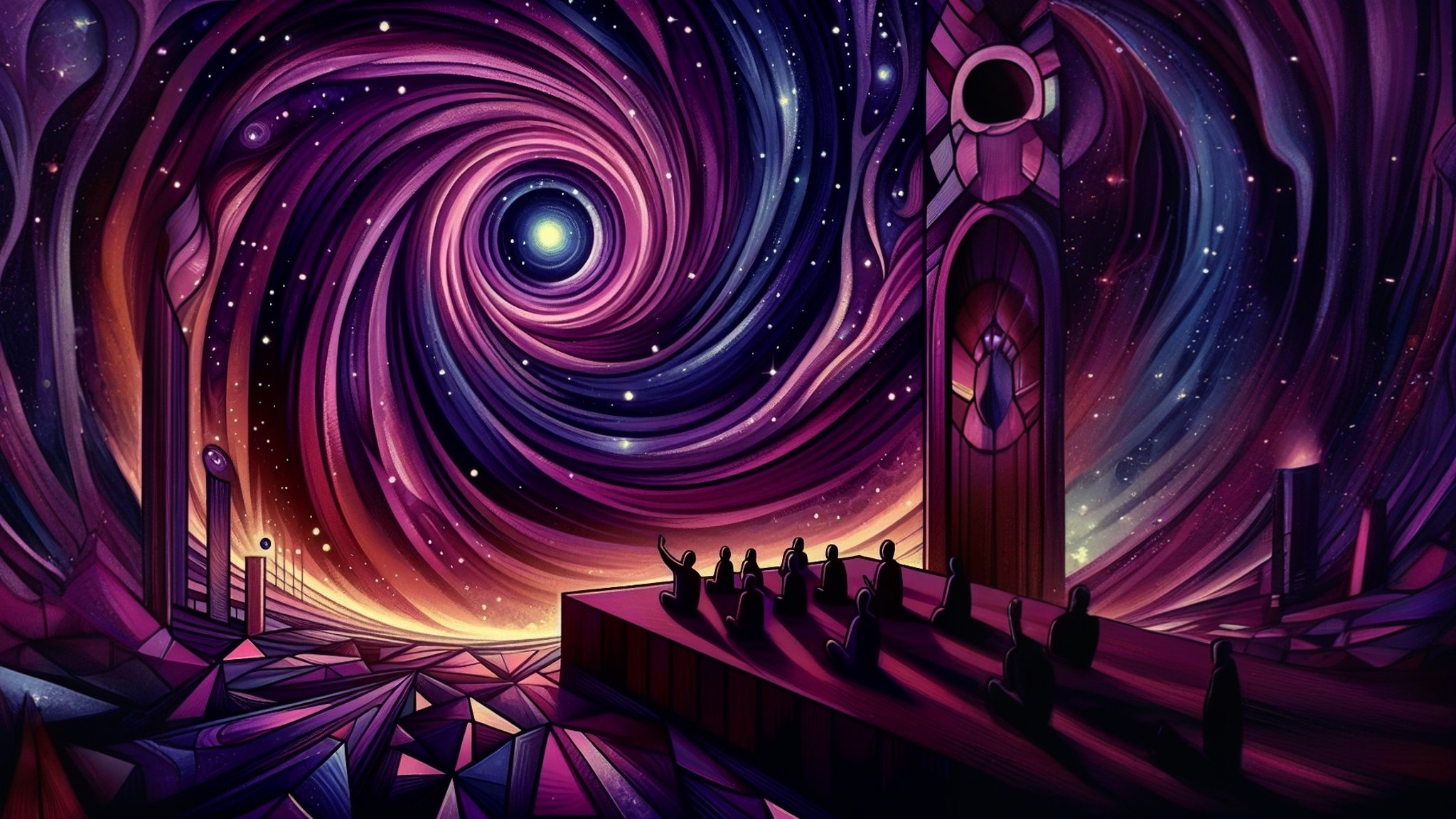 People 2048x1152 AI art digital art fantasy art wormhole fireplace violet (color) science fiction cult religion worship