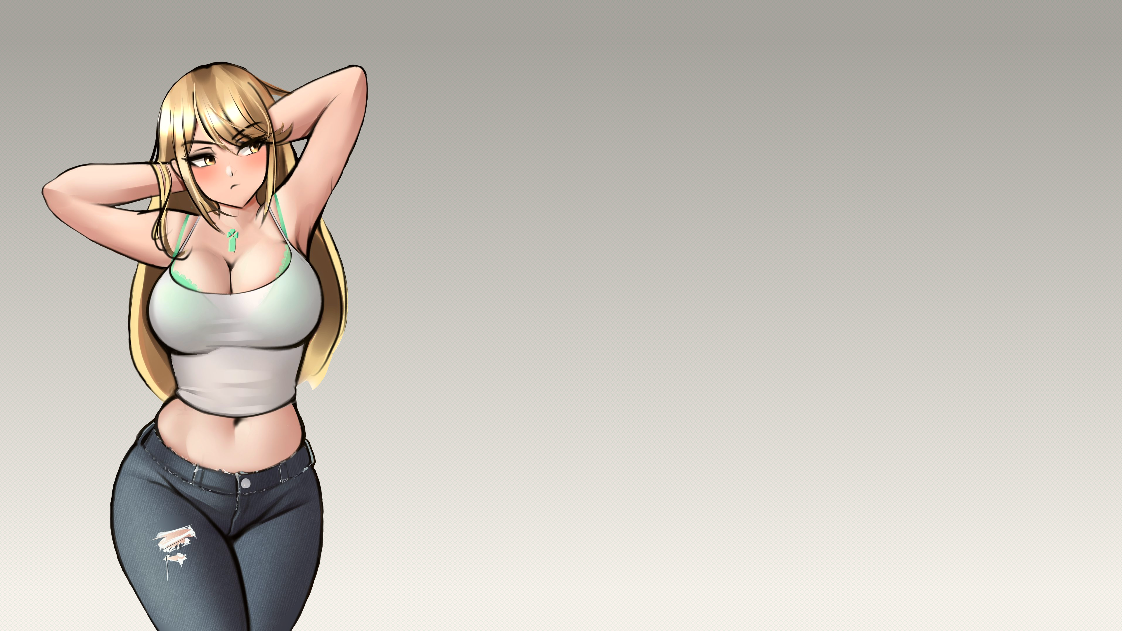 Anime 3840x2160 video game girls video game characters Nintendo thighs thighs together boobs big boobs cleavage Hikari (Xenoblade Chronicles 2) Xenoblade Chronicles Xenoblade Chronicles 2 white tops crop top tank top white tank top necklace arms up arm(s) behind head blonde long hair bangs blunt bangs blushing skindentation denim jeans belly bare midriff looking away looking sideways sidelocks necklace between boobs belly button anime girls gray background casual simple background video games skinny JackaryDraws