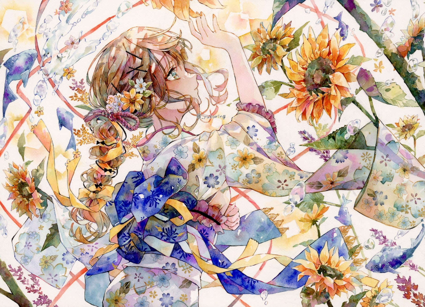 Anime 1812x1310 Yukoring artwork watercolor watercolor style flowers hair ornament ribbon kimono bubbles yukata profile