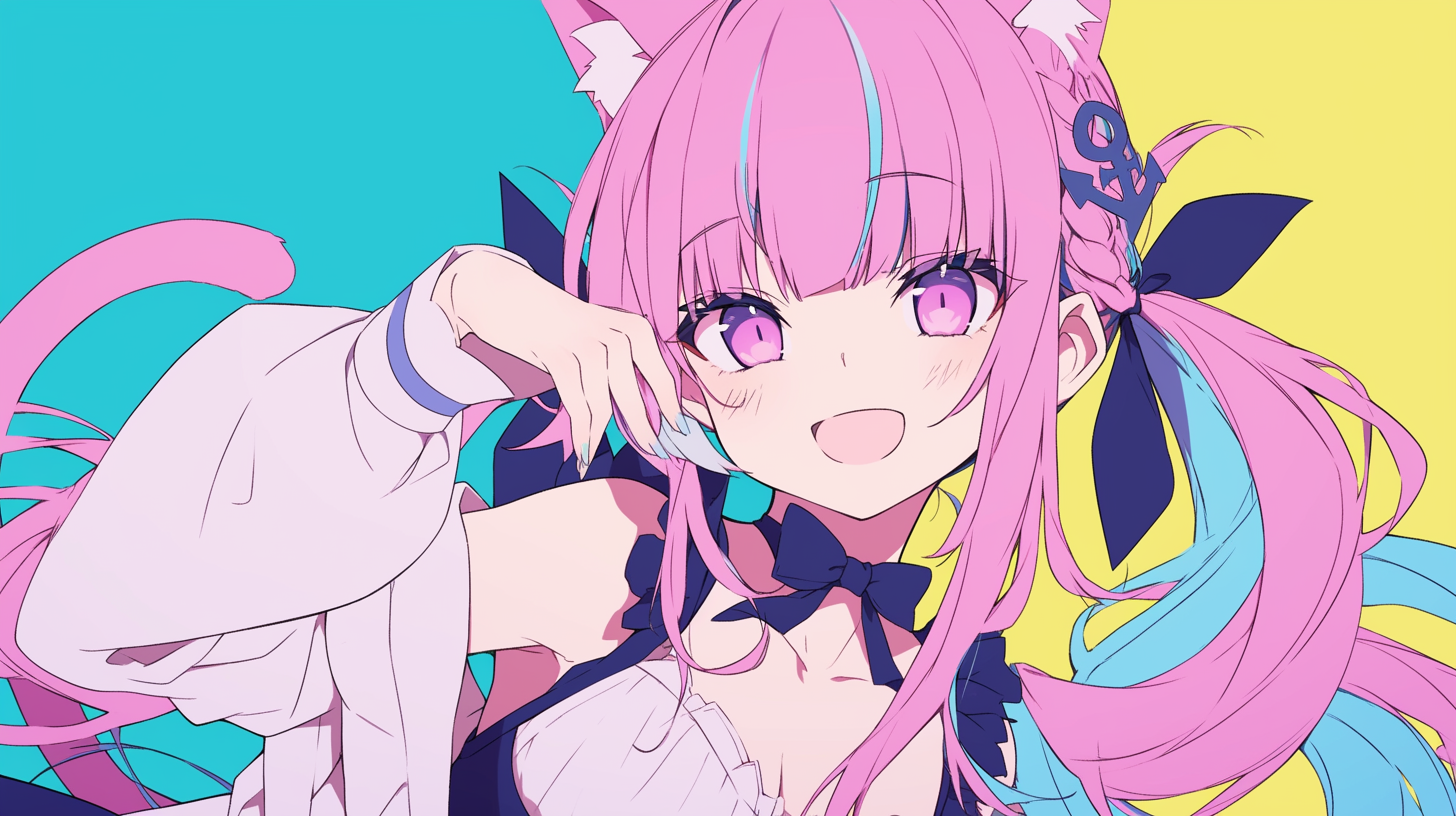 Anime 1456x816 anime anime girls Minato Aqua pink eyes cat girl two tone hair cat ears looking at viewer cat tail open mouth hair ornament braids simple background bangs blushing collarbone twintails bare shoulders purple eyes long sleeves two tone hair ribbon blue nails painted nails Virtual Youtuber Hololive