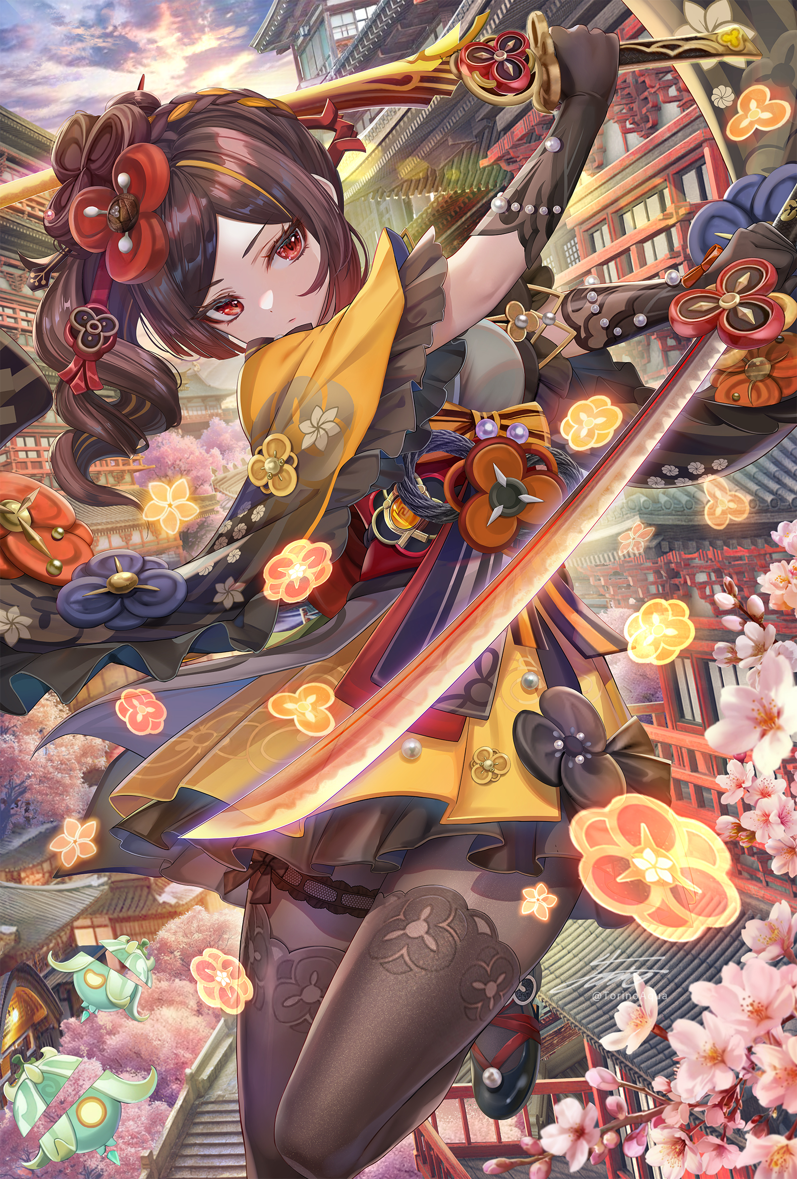 Anime 1600x2366 Genshin Impact Chiori (Genshin Impact) anime anime games anime girls Torino Akua Pixiv Japanese clothes portrait display gloves dual wield weapon sword women with swords hair ornament brunette red eyes wide sleeves signature watermarked french braids natural light architecture black gloves dress leg ring sash flowers frills clouds