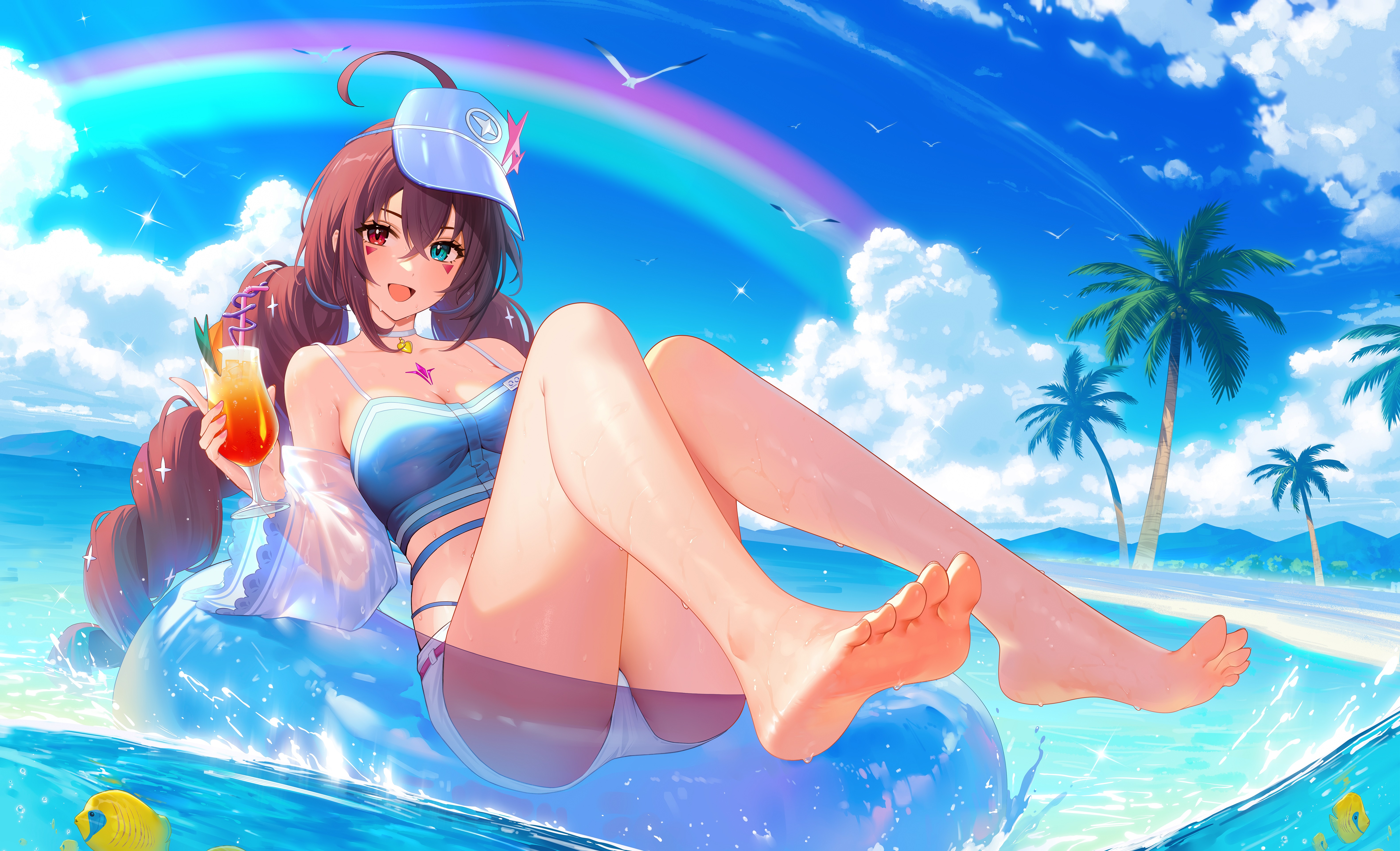 Anime 6320x3840 anime anime girls foot sole barefoot hair between eyes feet Epic Seven rainbows Luluca (Epic Seven) sky pointed toes long hair open mouth brunette heterochromia clouds palm trees floater drink drinking glass drinking straw smiling video game girls sunlight swimwear sparkles seagulls animals toes detached sleeves collarbone beach sand birds thighs 95--- water fish