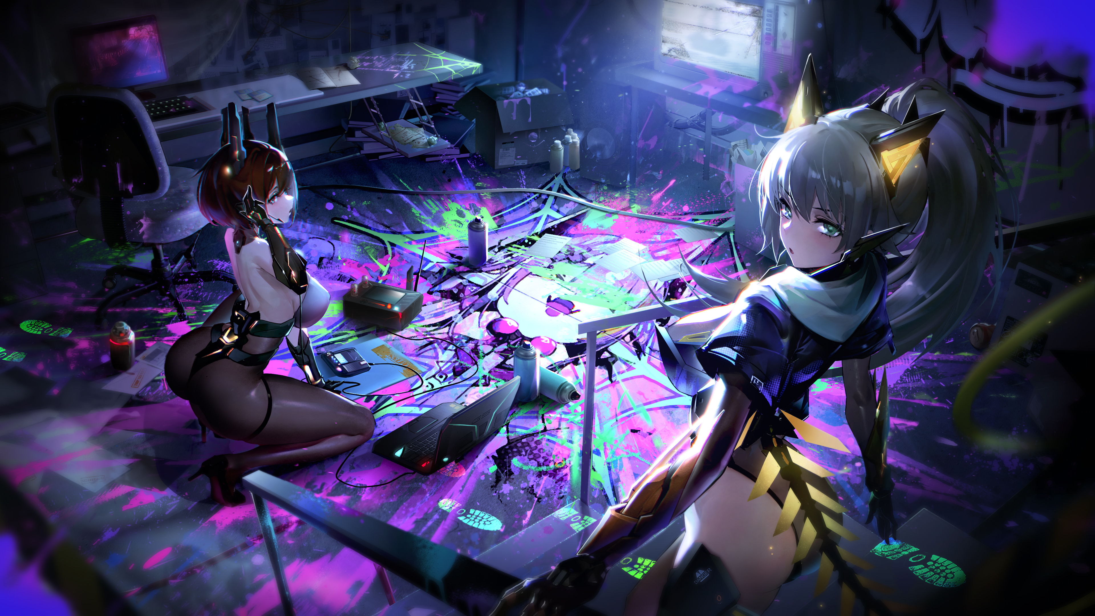 Anime 3840x2160 Cross core two women looking at viewer ass looking back computer animal ears foot prints laptop black pantyhose pantyhose thigh strap boobs Spray painting Zer z2 women indoors cyborg black high-heels