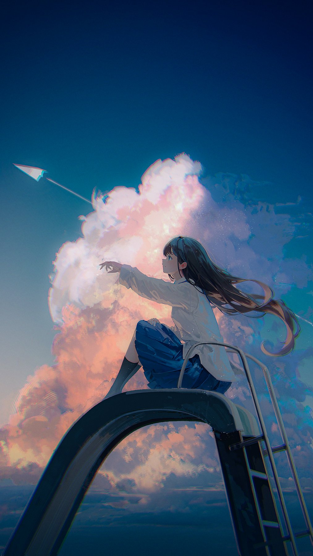 Anime 1013x1800 Chocoshi school uniform schoolgirl looking up hair blowing in the wind cumulus paper planes portrait display sitting closed mouth slides profile knee-highs clouds long hair anime girls side view