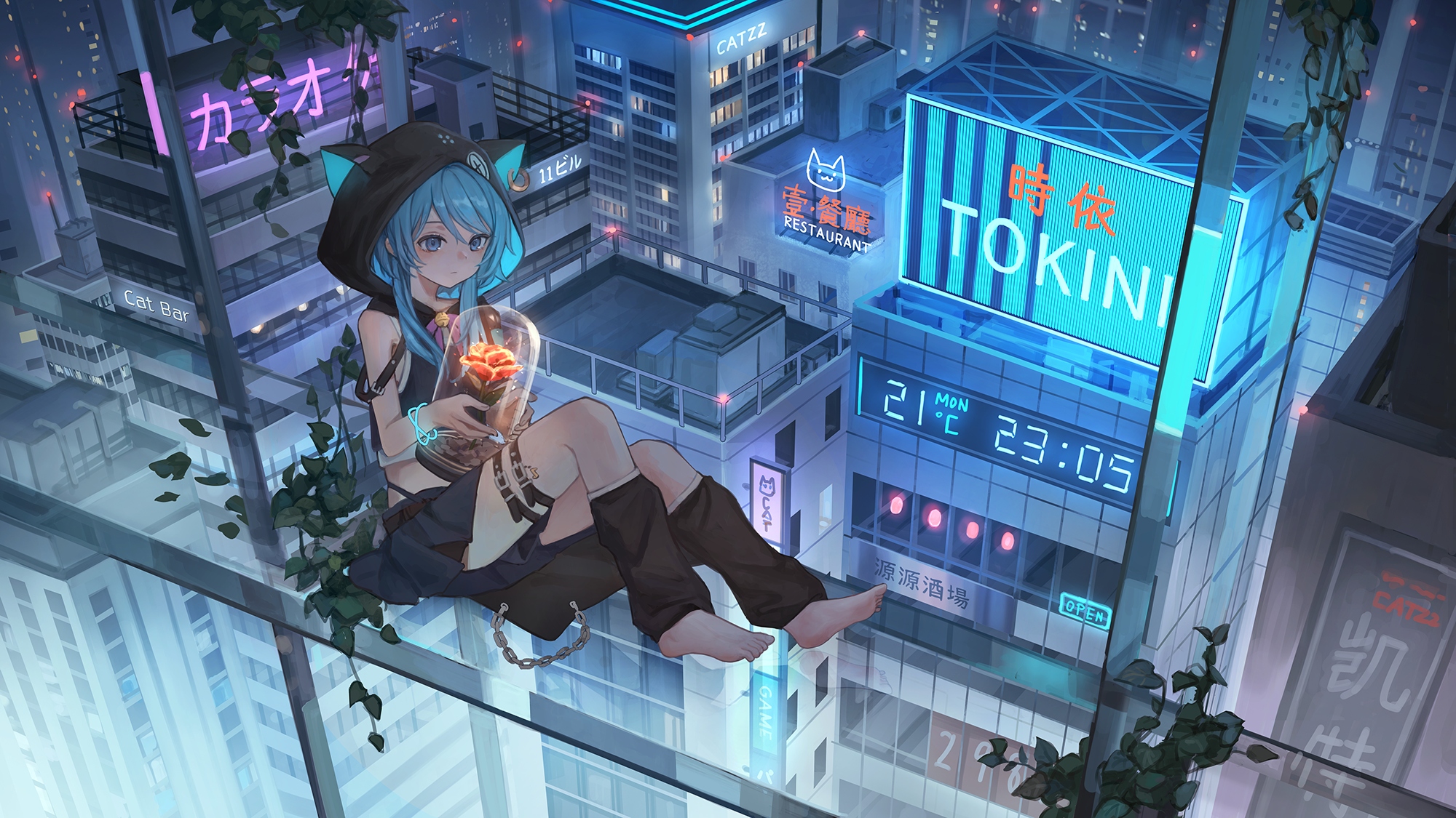 Anime 2000x1125 Pixiv anime catzz anime girls building neon time barefoot bare shoulders hoods blue hair blue eyes bracelets pointed toes flowers closed mouth hair between eyes bells cat ears leaves skirt night kanji city restaurant city lights signs rooftops