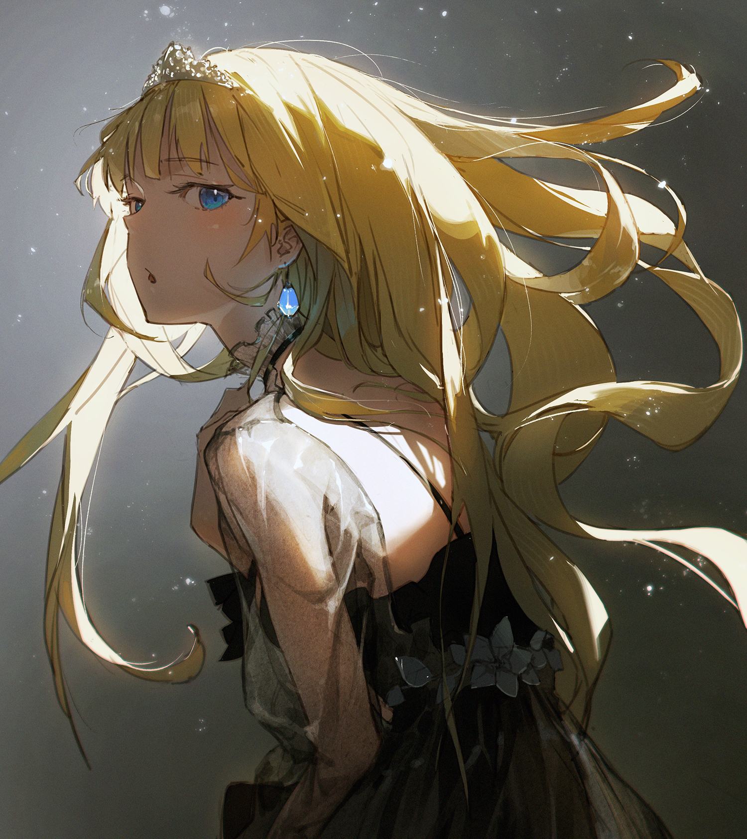 Anime 1500x1686 anime anime girls Hololive Watson Amelia Dino Art Virtual Youtuber looking at viewer blue eyes simple background blonde open mouth earring portrait display tiaras long sleeves particle black dress Hololive English see-through clothing dress long hair