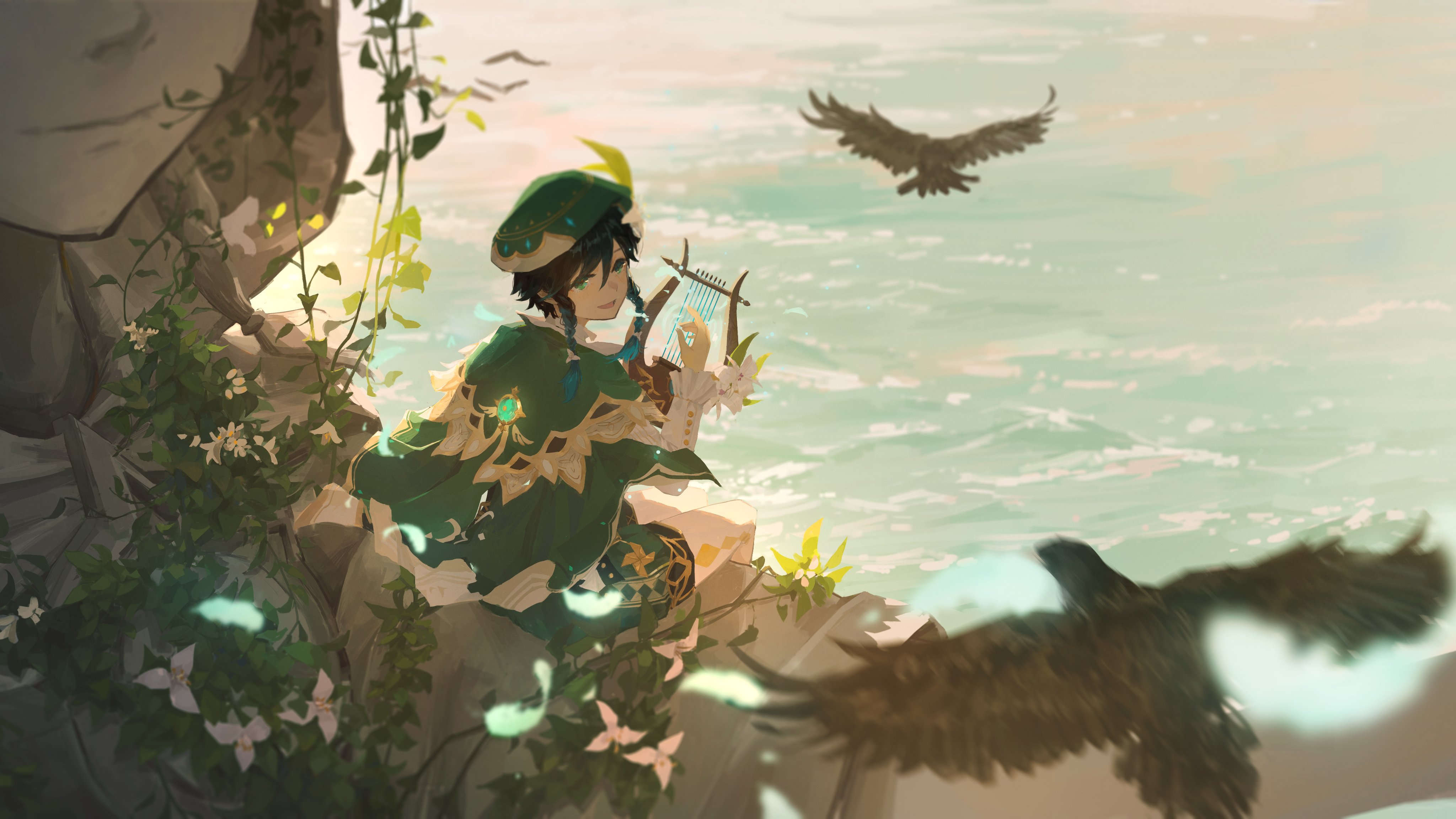 Anime 4096x2304 XilmO anime boys Venti (Genshin Impact) Genshin Impact anime looking at viewer sitting hair between eyes water gradient hair two tone hair twintails braids hat men outdoors leaves feathers animals birds flowers statue short hair