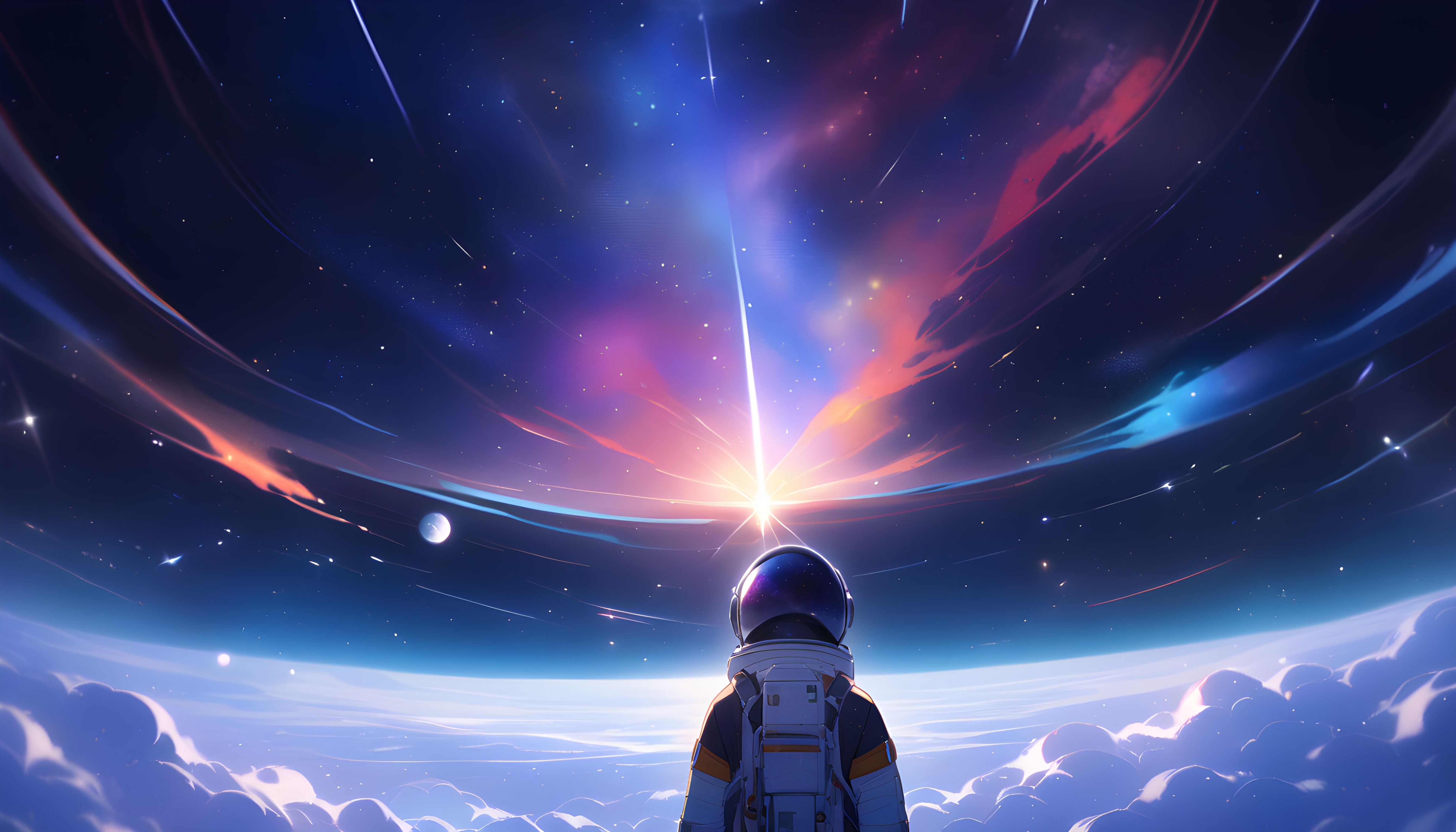 Anime 5376x3072 AI art anime girls space astronaut stars clouds bright spacesuit standing