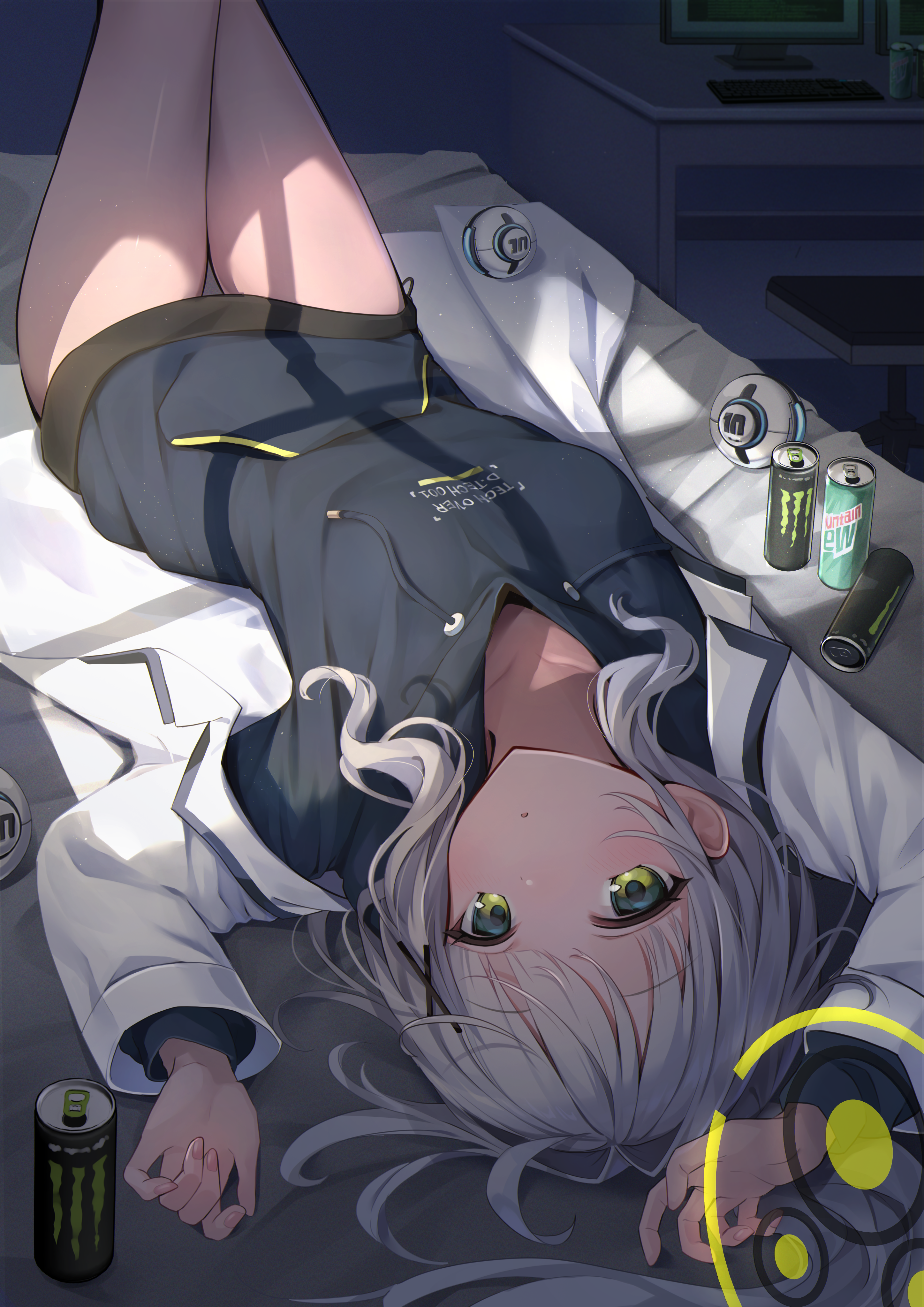 Anime 2894x4093 Omagari Hare (Blue Archive) Blue Archive anime anime girls gray hair halo Fuyoyo can portrait display lying down lying on back long hair green eyes parted lips drink in bed jacket women indoors bed collarbone long sleeves robot sunlight legs thighs looking at viewer