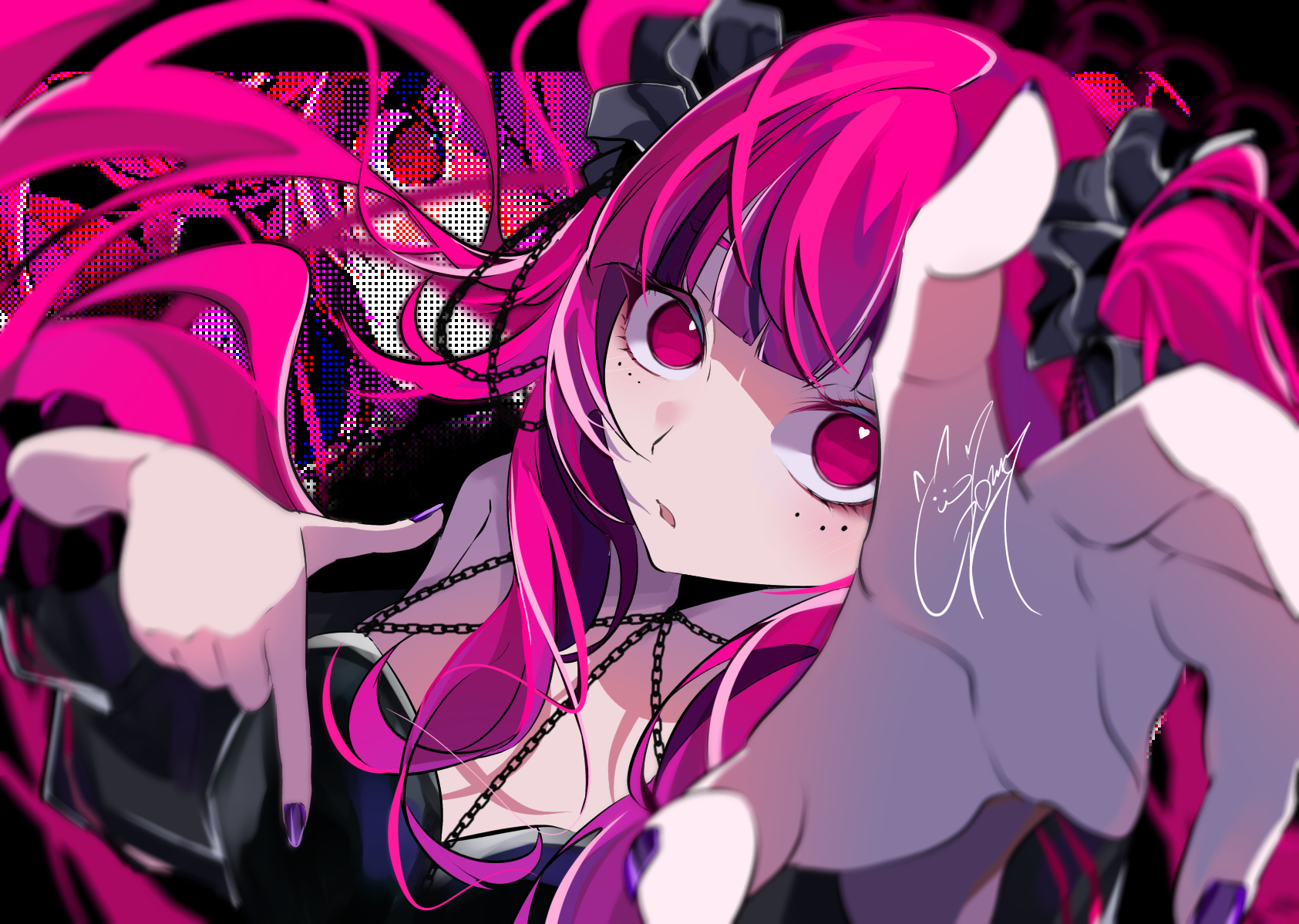 Anime 1685x1199 Pixiv anime heart eyes anime girls pink hair pink eyes nail polish goma_irasuto looking at viewer bangs arms reaching purple nails painted nails parted lips long hair scrunchy twintails signature