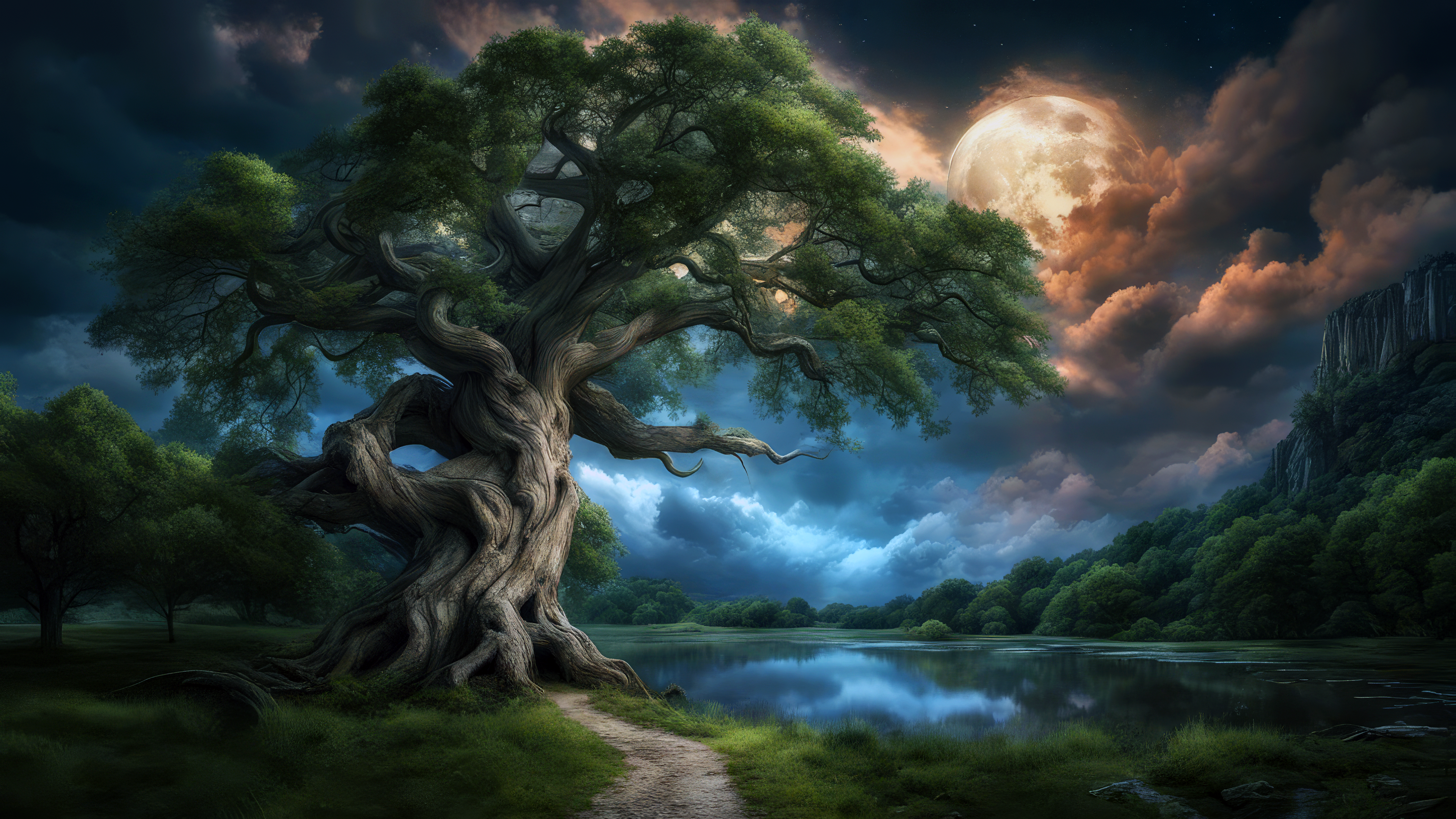 General 3840x2160 trees full moon river clouds dark AI art reflection nature water sky branch path Moon