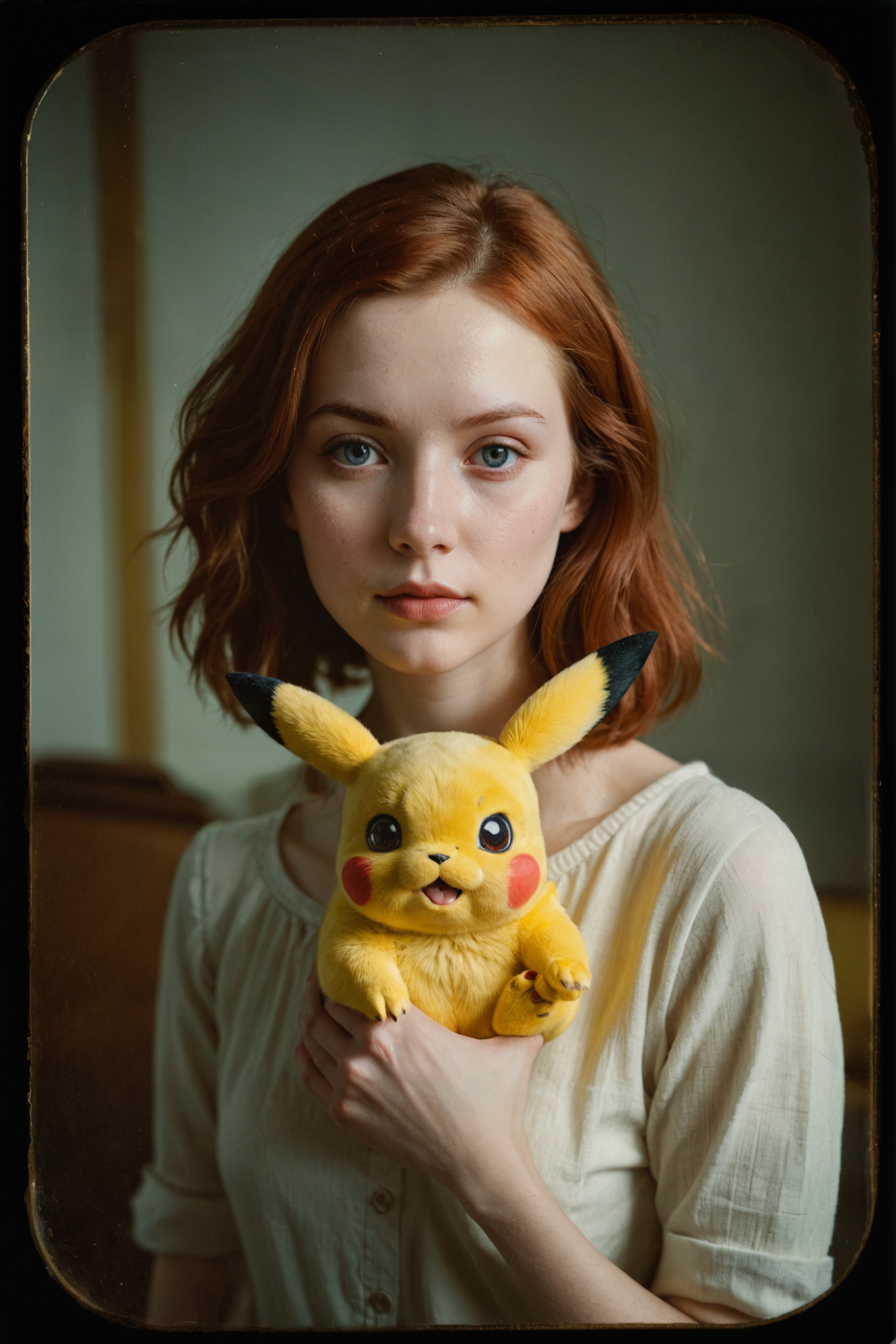 General 1536x2304 AI art women redhead short hair portrait display freckles Pikachu looking at viewer closed mouth juicy lips Pokémon rolled sleeves blue eyes