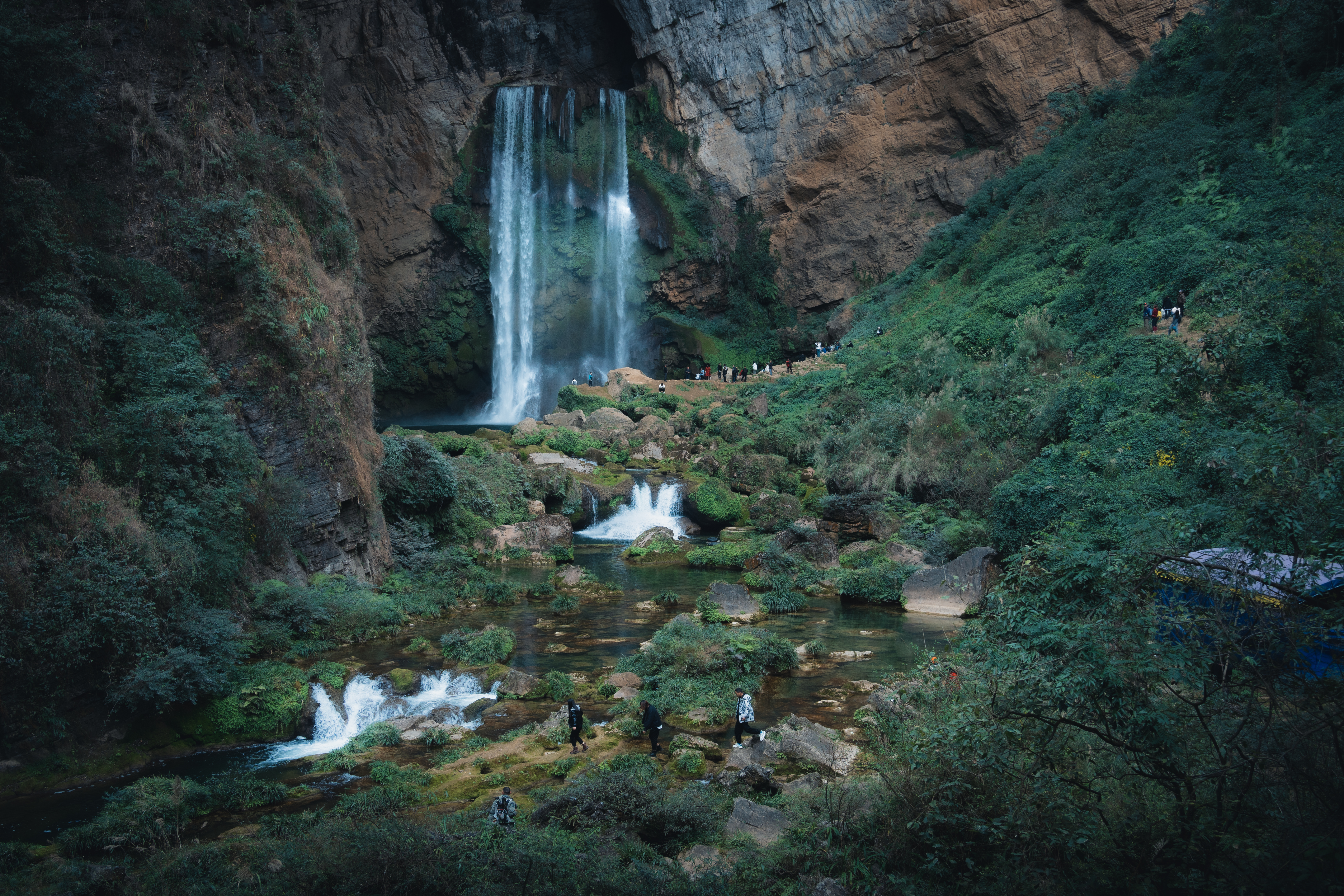 General 6435x4290 nature forest China Yangpidong Falls water people rocks trees waterfall