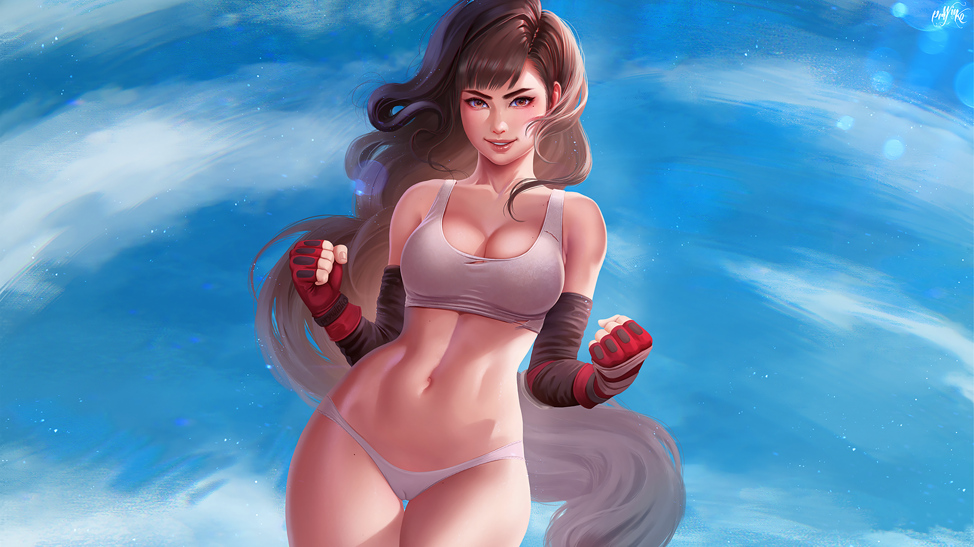 Anime 3840x2160 Tifa Lockhart Final Fantasy VII video game girls cleavage fist dark hair women women outdoors big boobs cameltoe shaved pubic hair belly white tank top long hair white panties outdoors legs together tight clothing arm warmers smiling looking at viewer sky clouds white clothing gloves fingerless gloves parted lips collarbone
