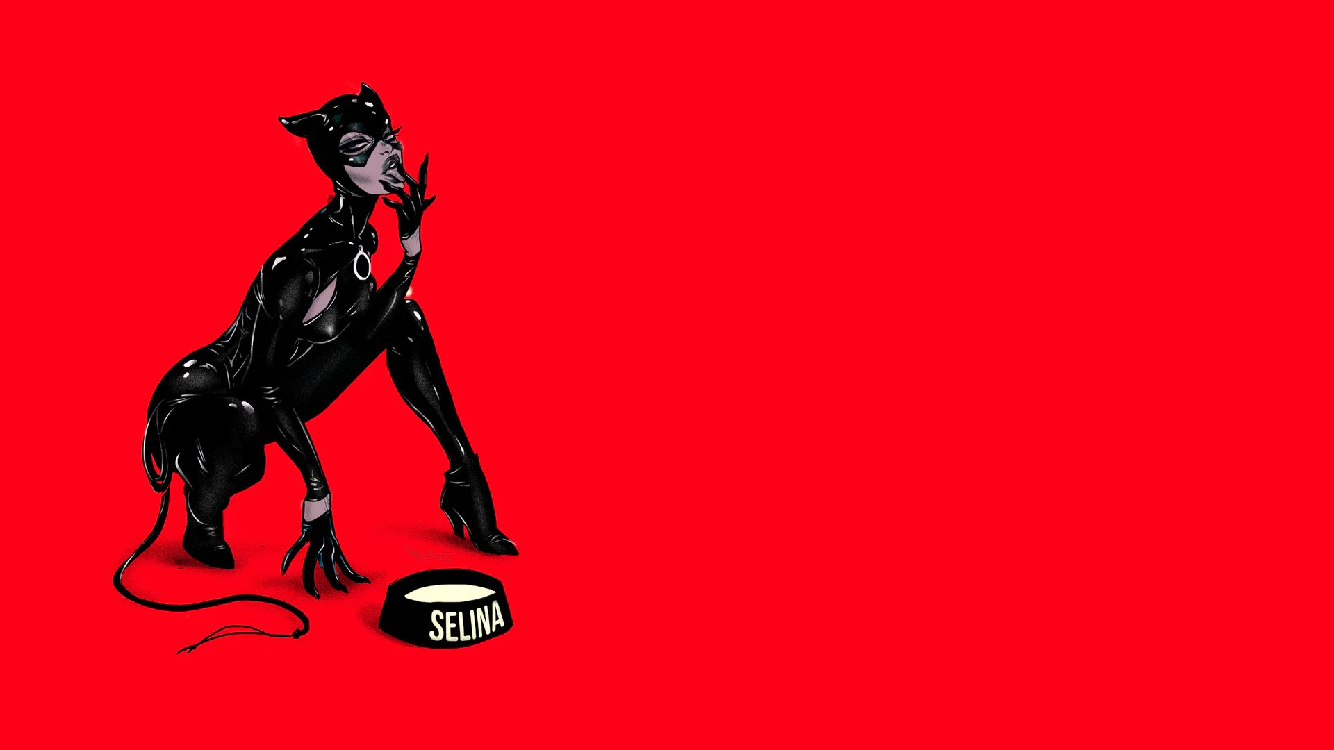 General 1920x1080 Selina Kyle Catwoman Batman DC Comics licking finger in mouth finger on lips latex bodysuit black latex cat ears milk bowls heels black heels black bodysuit looking at viewer makeup tongue out black gloves gloves claws sitting simple background catsuit black cats comics open clothes animal ears whips red background Babs Tarr