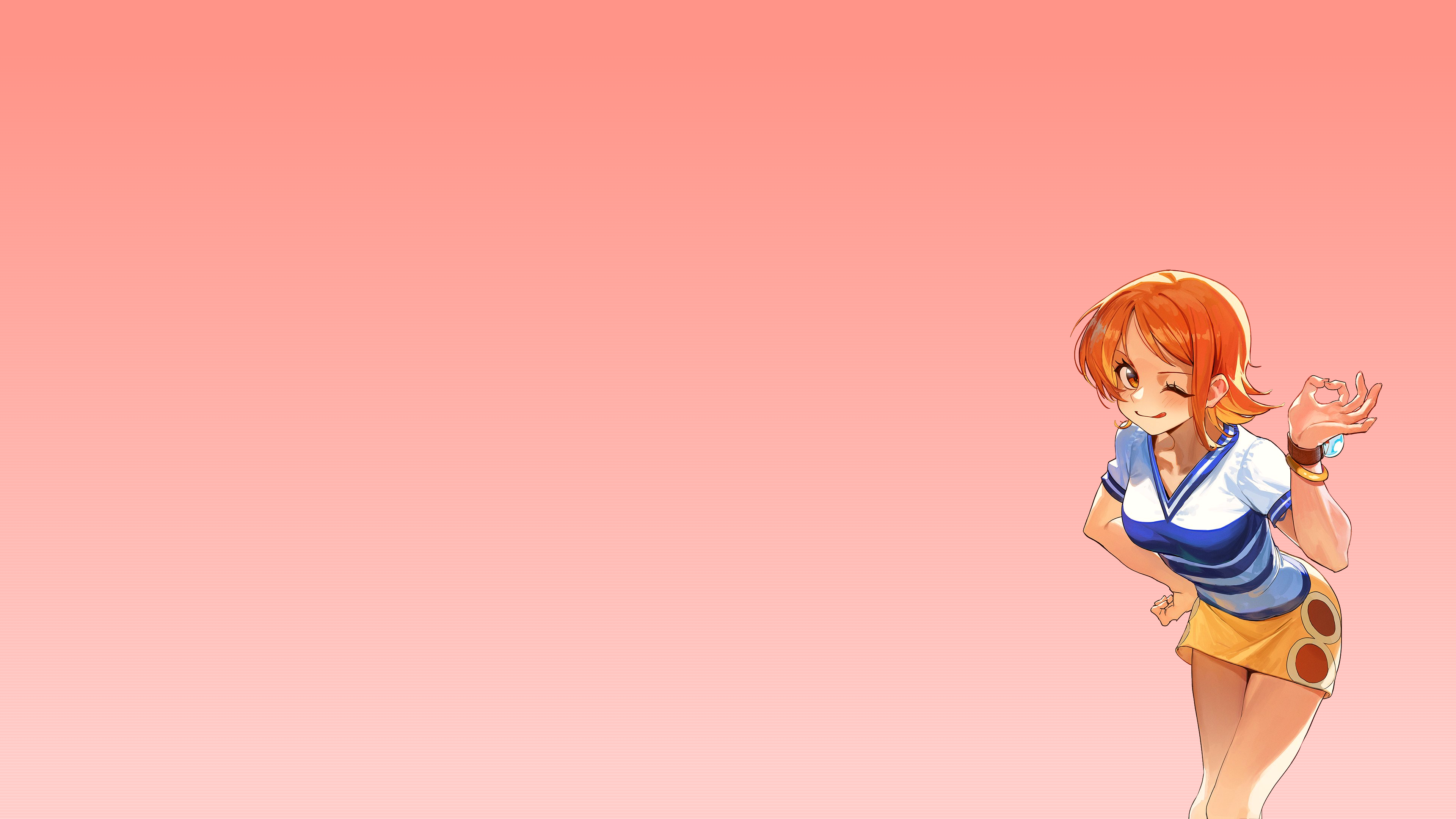 Anime 3840x2160 anime girls boobs big boobs short hair redhead Nami One Piece wink OK sign white shirt miniskirt red eyes jewel gradient simple background armlet bracelets bangs looking at viewer