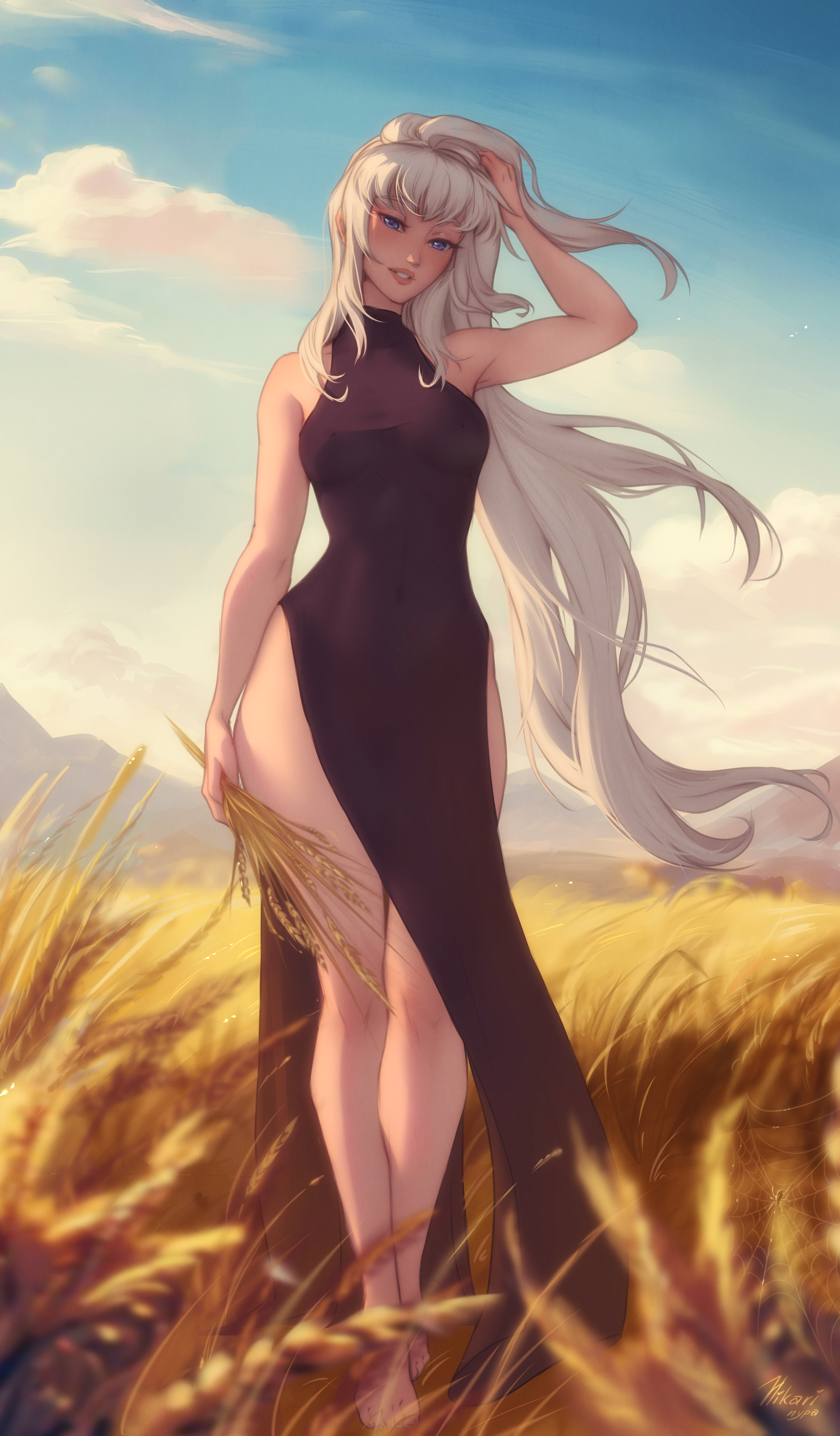 General 4096x7000 women long hair wheat field sky artwork drawing original characters Personal ami portrait display digital art frontal view thighs together barefoot knees together standing legs together hands in hair hair blowing in the wind
