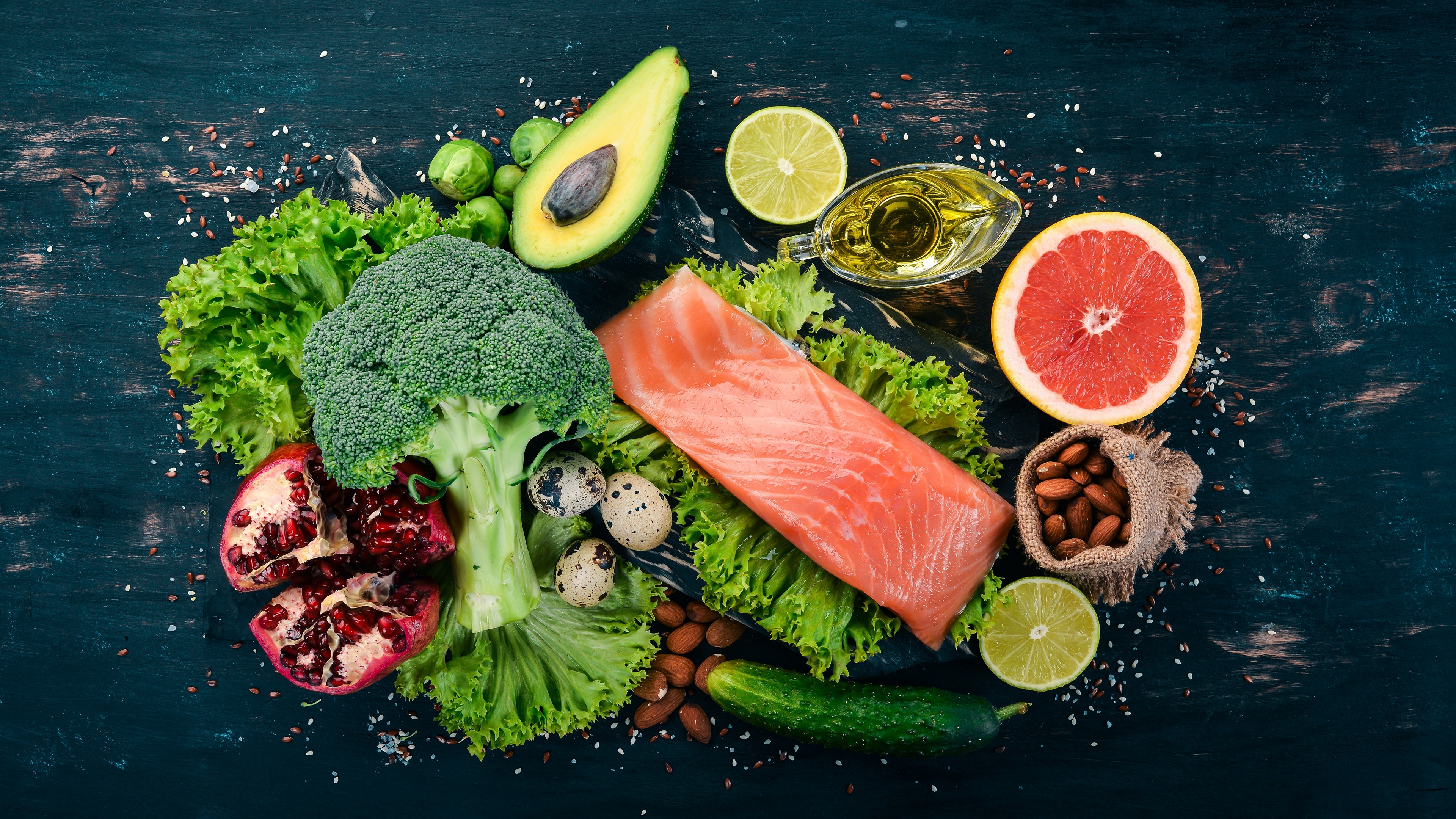 General 3840x2160 food olive oil salmon avocados cucumbers lime pomegranate almonds salad grapefruits simple background eggs broccoli lettuce still life top view