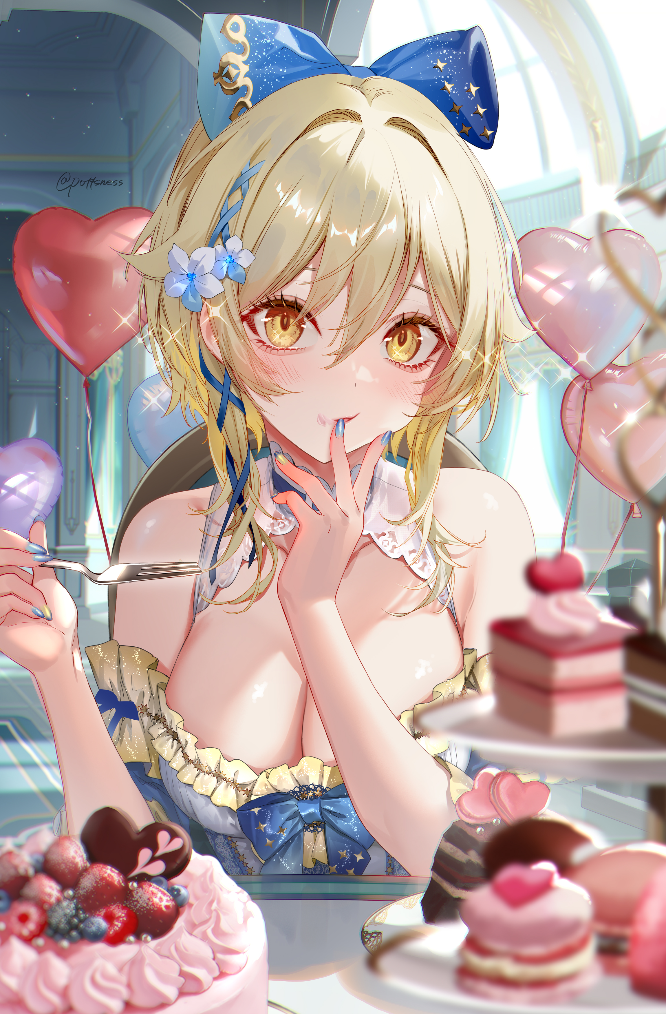 Anime 2300x3500 Genshin Impact artwork Lumine (Genshin Impact) blonde yellow eyes flower in hair cleavage big boobs colored nails finger in mouth balloon cake Pottsness portrait display anime girls anime hair between eyes bare shoulders sweets long hair painted nails blue nails sitting fork chair fruit strawberries blueberries sparkles watermarked looking at viewer bright hair ribbon plates