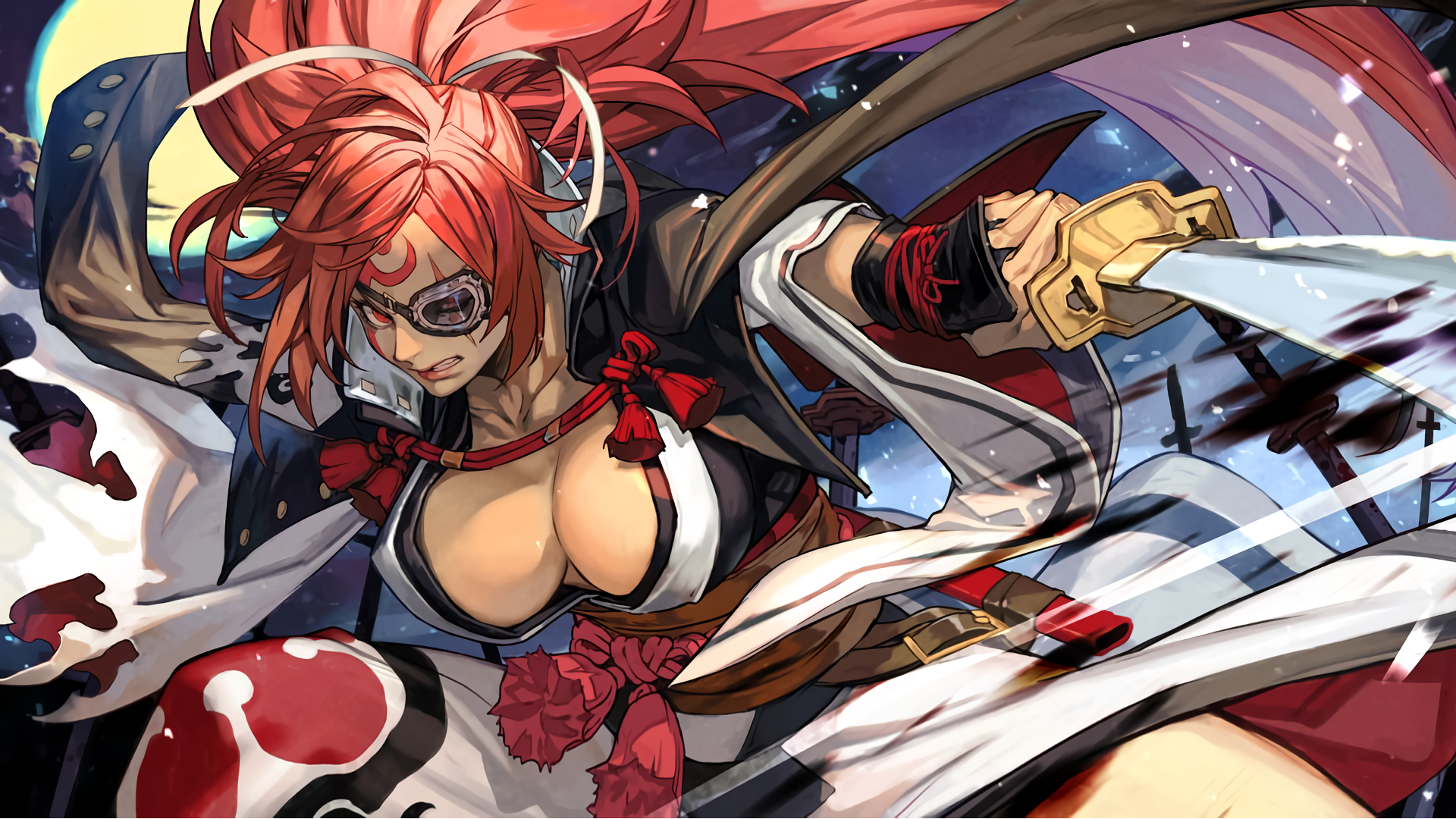 Anime 1920x1080 Baiken Guilty Gear video games samurai sword Guilty gear strive boobs video game girls cleavage huge breasts video game characters scars women with swords long hair looking at viewer wide sleeves long sleeves tassels parted lips Hungry Clicker weapon