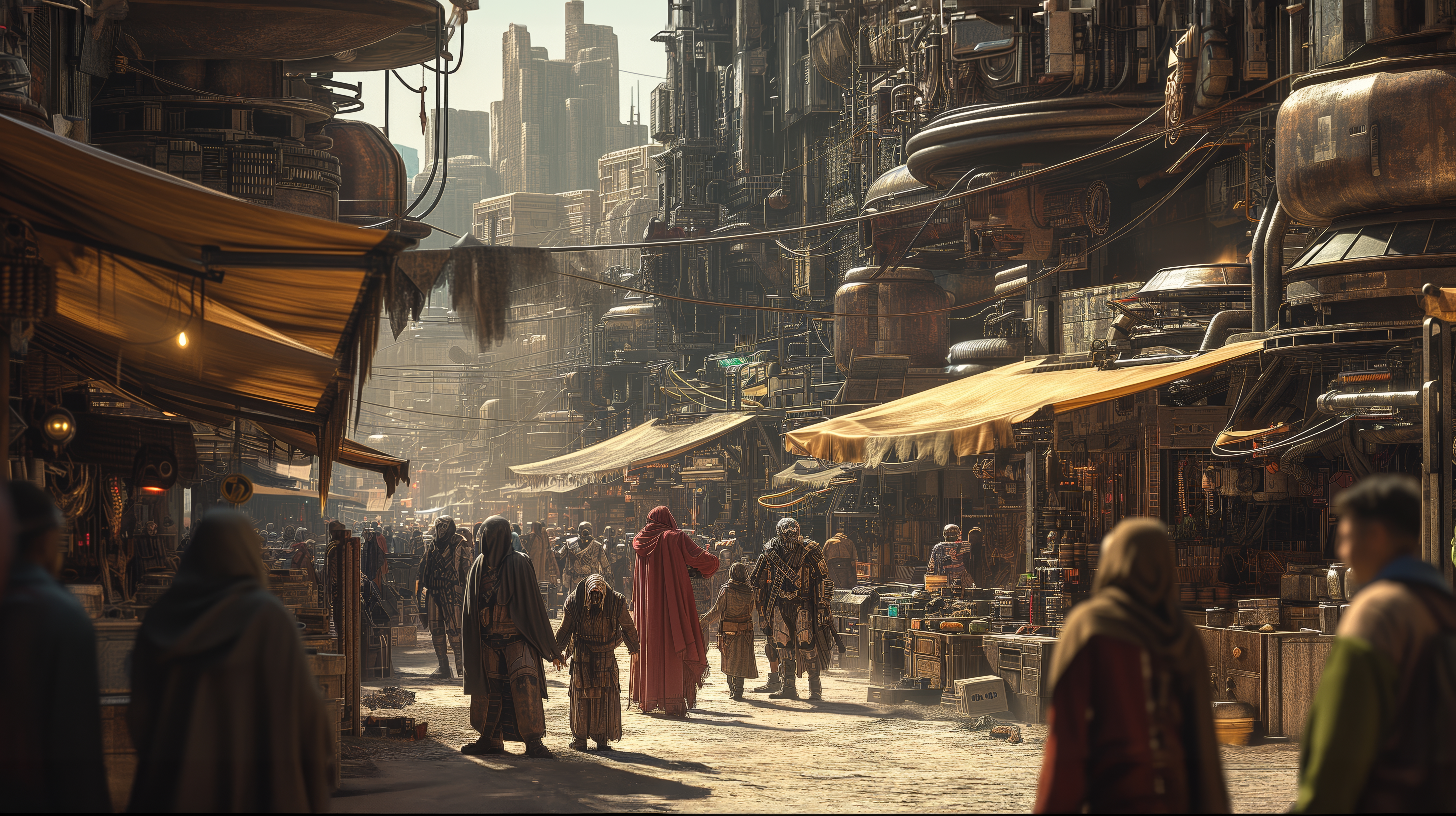 General 5824x3264 AI art illustration science fiction concept art market street standing people robes cables crowds building