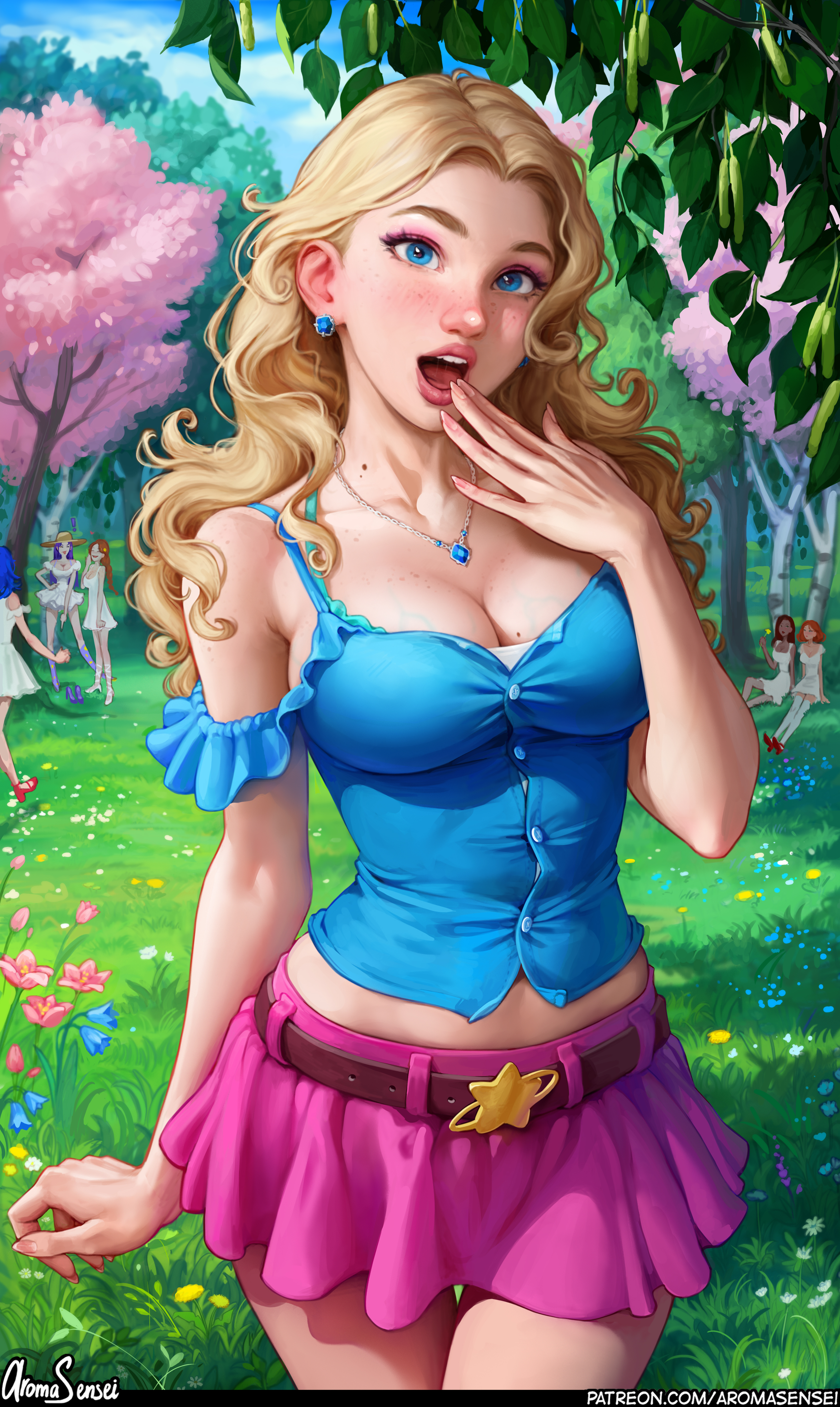 General 2984x5000 Haley (Stardew Valley) video game girls blonde artwork drawing fan art Aroma Sensei POV looking at viewer Stardew Valley standing video games cleavage bare shoulders blue eyes open mouth necklace collarbone moles mole on breast leaves outdoors women outdoors earring watermarked portrait display digital art grass flowers sky clouds skirt frills