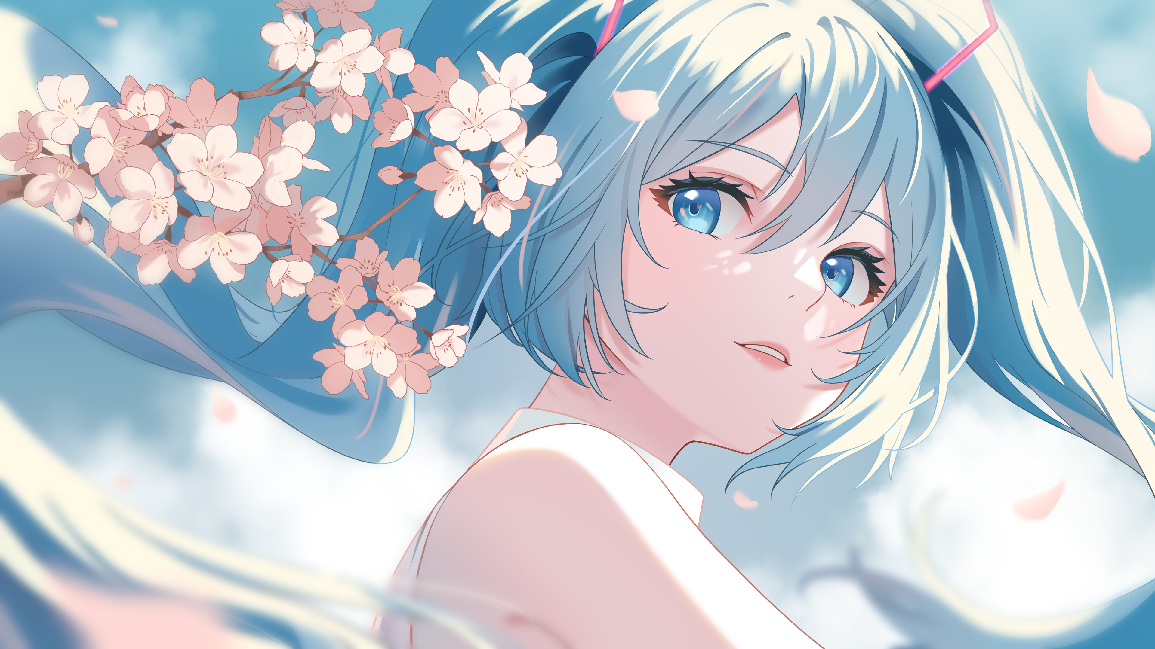Anime 3840x2160 Hatsune Miku anime anime girls Vocaloid blue hair blue eyes hair between eyes petals parted lips twintails long hair bright flowers looking at viewer