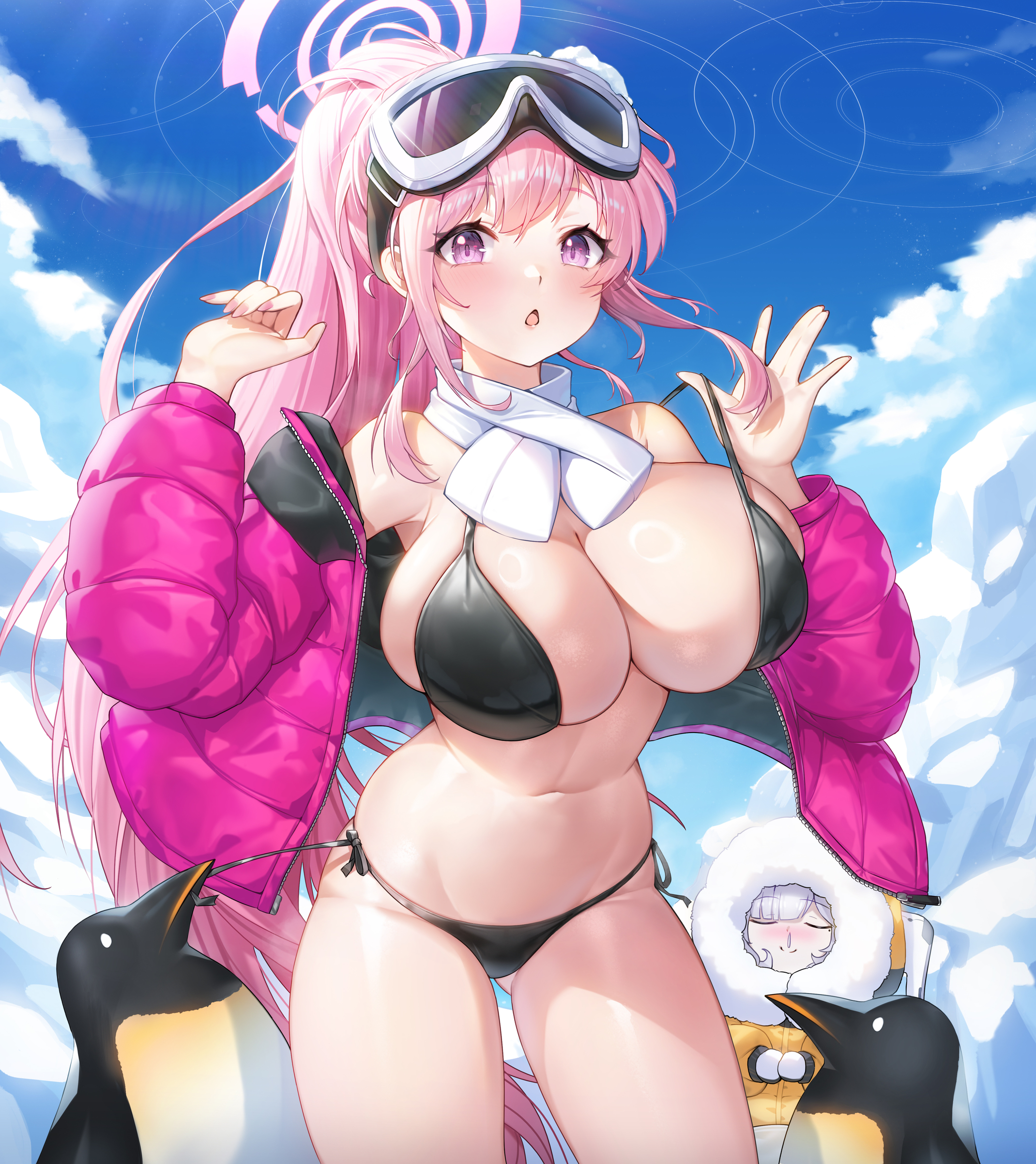 Anime 2140x2404 anime anime girls Blue Archive huge breasts morung portrait display Izumimoto Eimi long hair open mouth pink coat coats pulling clothing outdoors women outdoors side tie bikini bottom sky clouds swimming goggles pink hair purple eyes looking at viewer standing black bikinis bikini blushing white scarf Akeboshi Himari (Blue Archive) off shoulder bare shoulders closed mouth closed eyes moles mole under eye ponytail sunlight