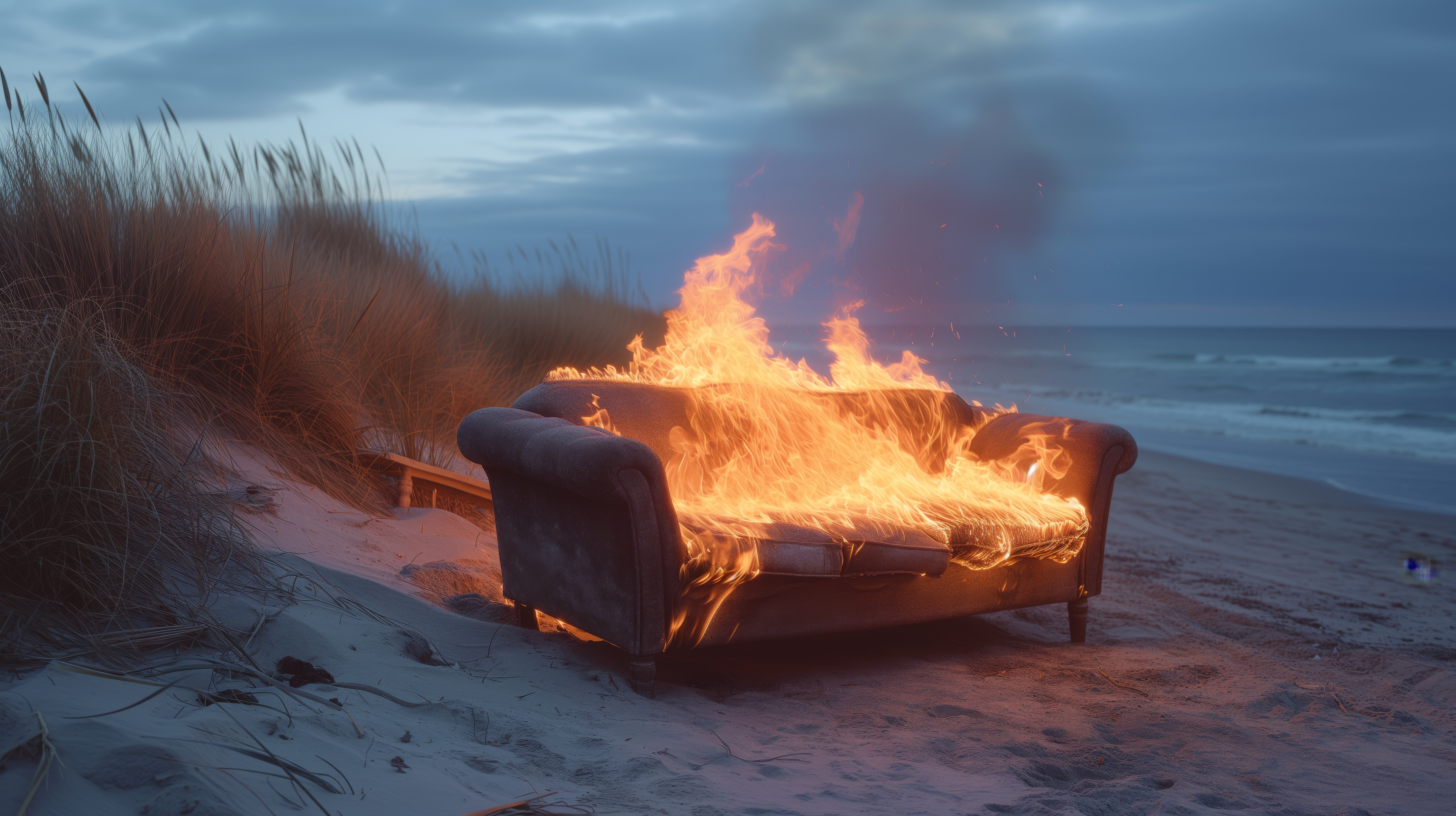 General 5824x3264 AI art couch fire beach sand sky clouds smoke water outdoors Blue hour burning