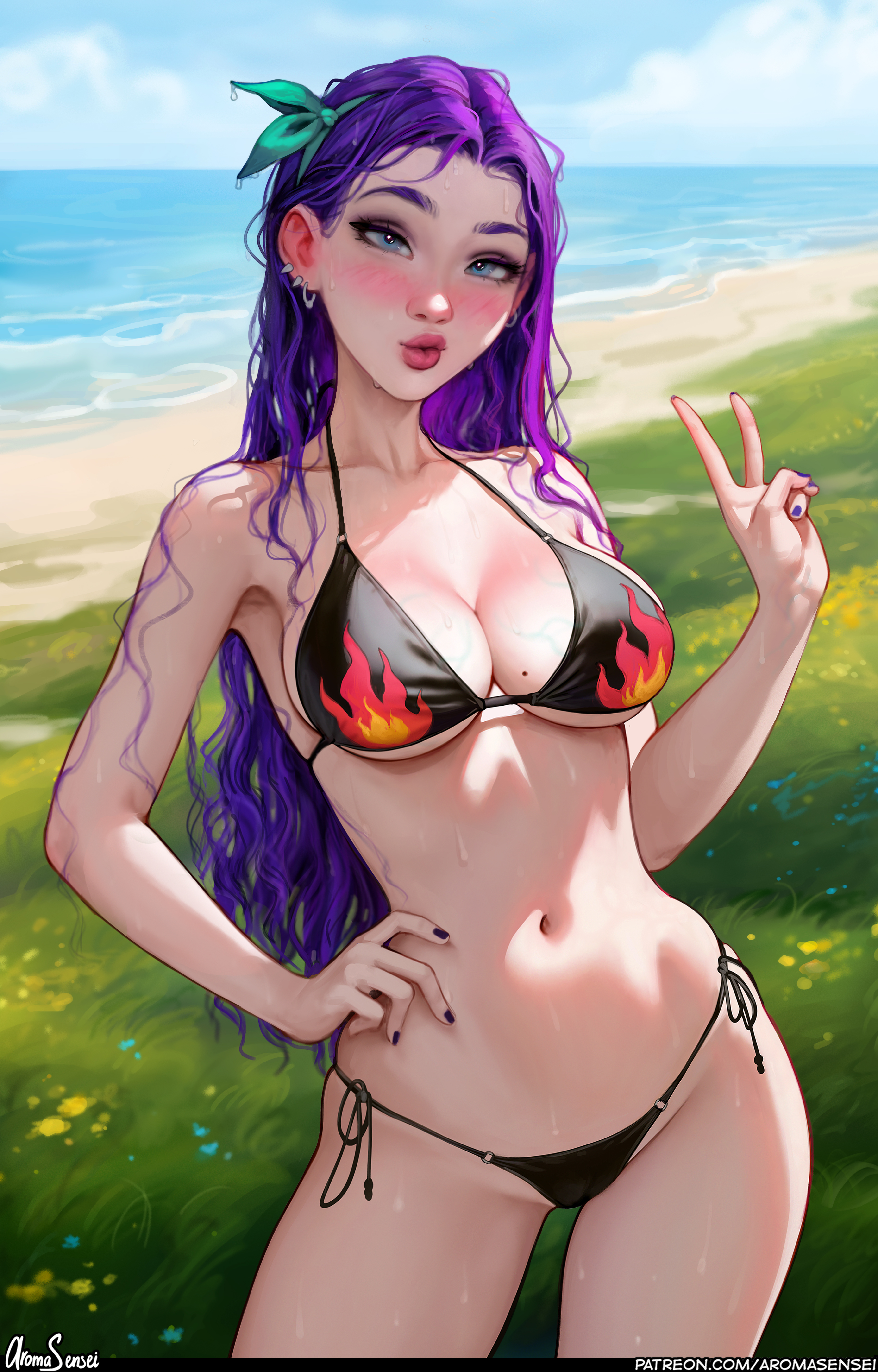 General 3652x5705 Abigail (Stardew Valley) video game girls artwork drawing fan art swimwear Aroma Sensei belly button frontal view standing cleavage hands on hips bikini painted nails wet body wet hair long hair purple hair watermarked women on beach boobs Stardew Valley sunlight video games slim body juicy lips collarbone water ear piercing skinny hips grass outdoors women outdoors peace sign portrait display looking at viewer blushing victory sign