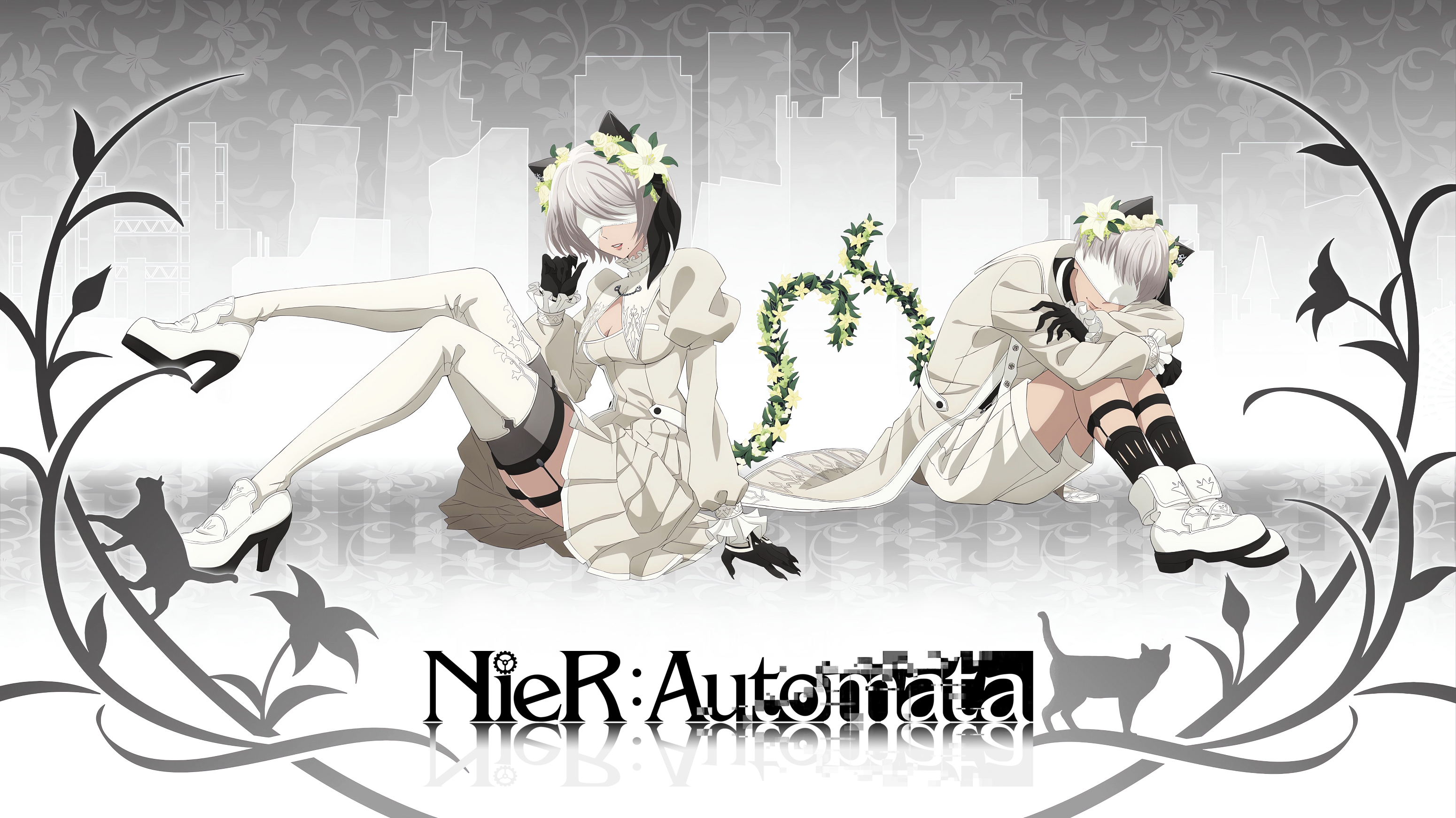 Anime 3100x1743 Nier: Automata 2B (Nier: Automata) 9S (Nier: Automata) anime boys anime girls silver hair flowers smiling white dress white clothing sitting short hair blindfold moles mole under mouth white thigh highs cats thigh-highs long sleeves thigh high boots leaves video game characters flower in hair cat ears cat tail cat girl cat boy hair between eyes