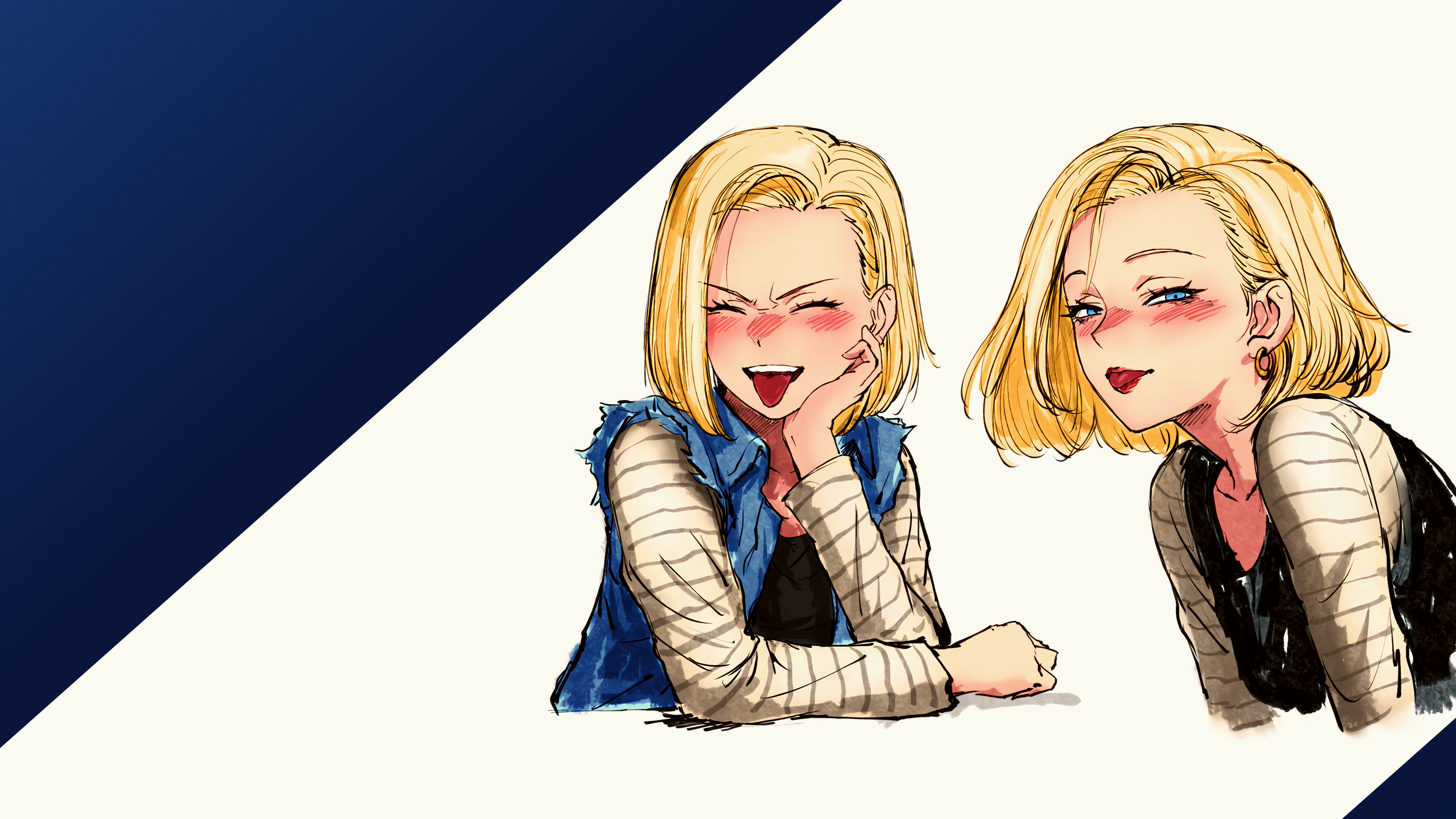 Anime 3840x2160 Dragon Ball Dragon Ball Z Android 18 blonde blushing denim denim jacket tongue out smiling long sleeves sweater black shirt shirt defined collarbone blue eyes anime girls looking at viewer gradient simple background face tongues collarbone shoulder length hair teeth blue
