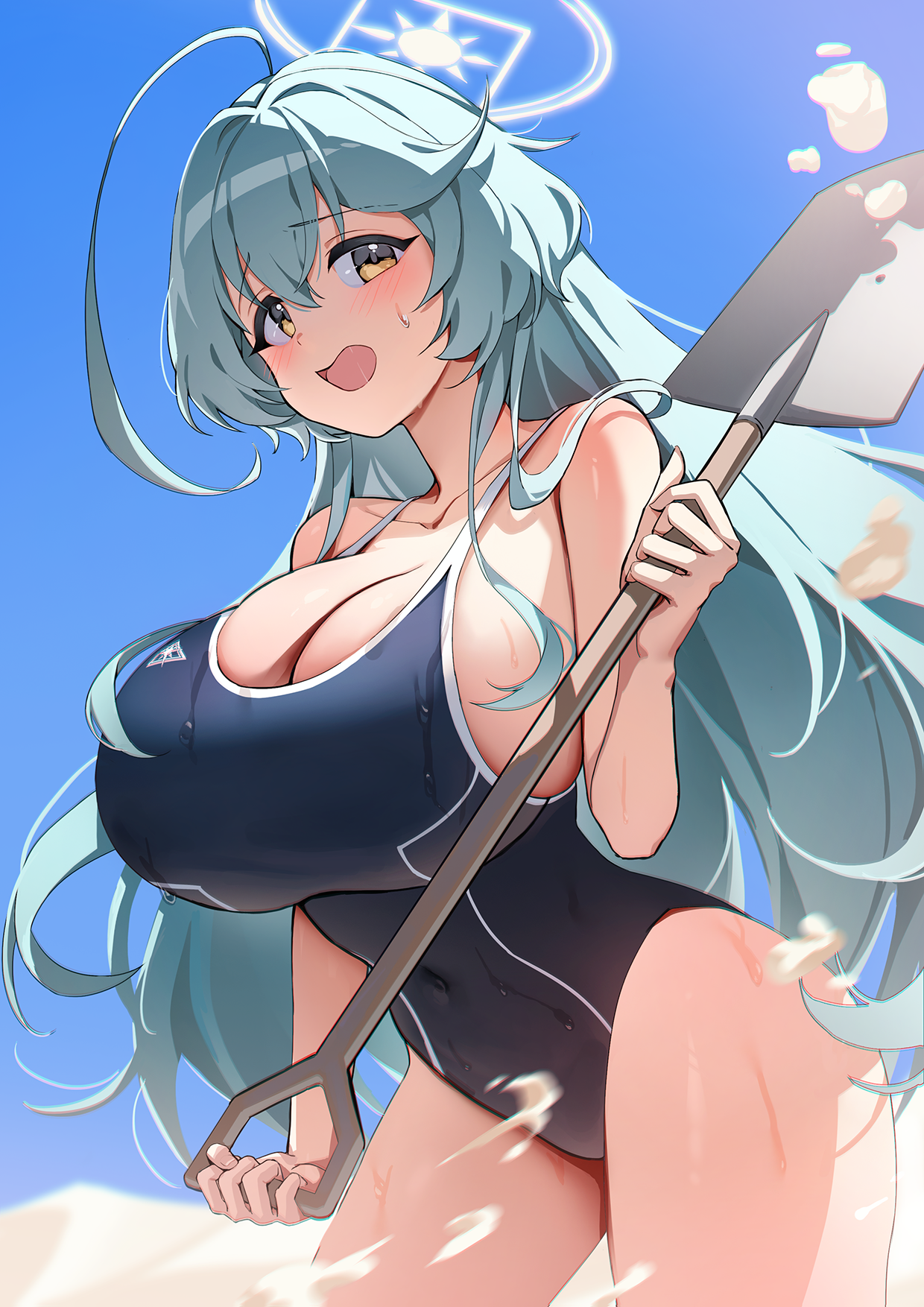 Anime 1240x1754 anime anime girls Yume (Blue Archive) Blue Archive big boobs huge breasts Picter portrait display long hair hair between eyes blushing open mouth swimwear one-piece swimsuit sky shovels looking at viewer collarbone sunlight sweatdrop yellow eyes cyan hair school swimsuits wet body standing sand wet thighs