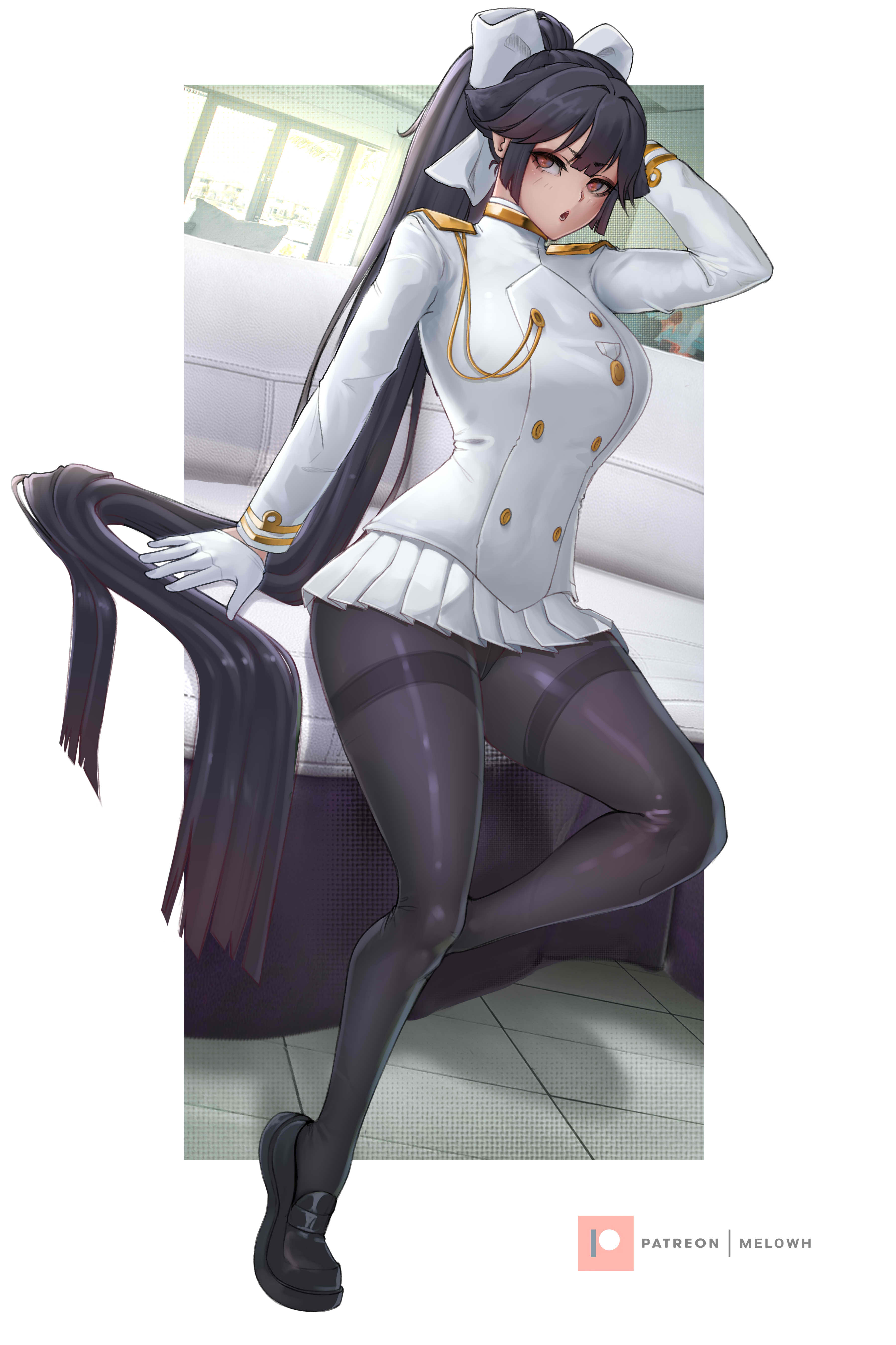 Anime 3600x5400 anime anime girls Melowh Azur Lane Takao (Azur Lane) sitting pantyhose black panties looking at viewer long hair portrait display uniform long sleeves white gloves open mouth watermarked white background gloves black hair red eyes one arm up ponytail bright skirt frills thighs