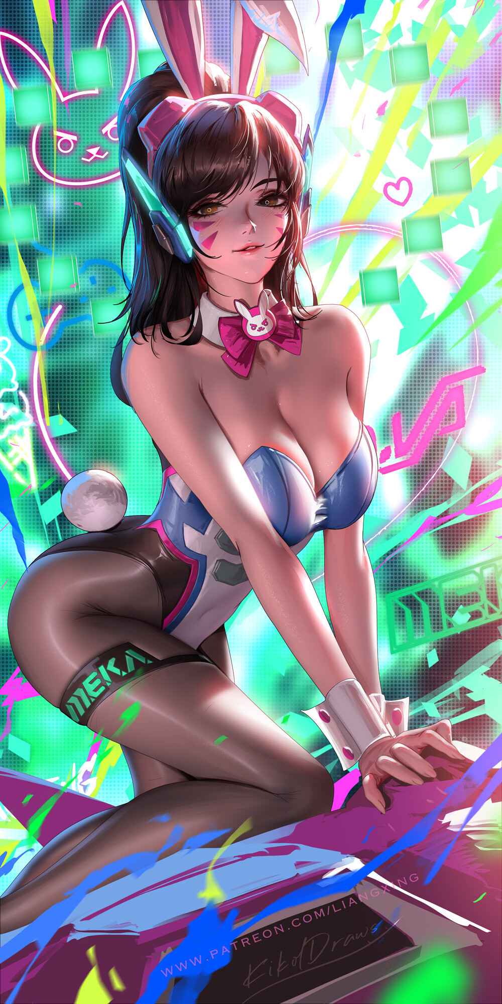 General 1000x2000 Overwatch video games D.Va (Overwatch) artwork drawing video game girls fan art Jason Liang bunny suit cleavage video game characters 2D bunny ears bunny tail looking at viewer long hair bare shoulders wrist cuffs bent over paint splash ribbon parted lips pantyhose boobs brown eyes brunette arched back slim body skinny digital art signature watermarked pink portrait display