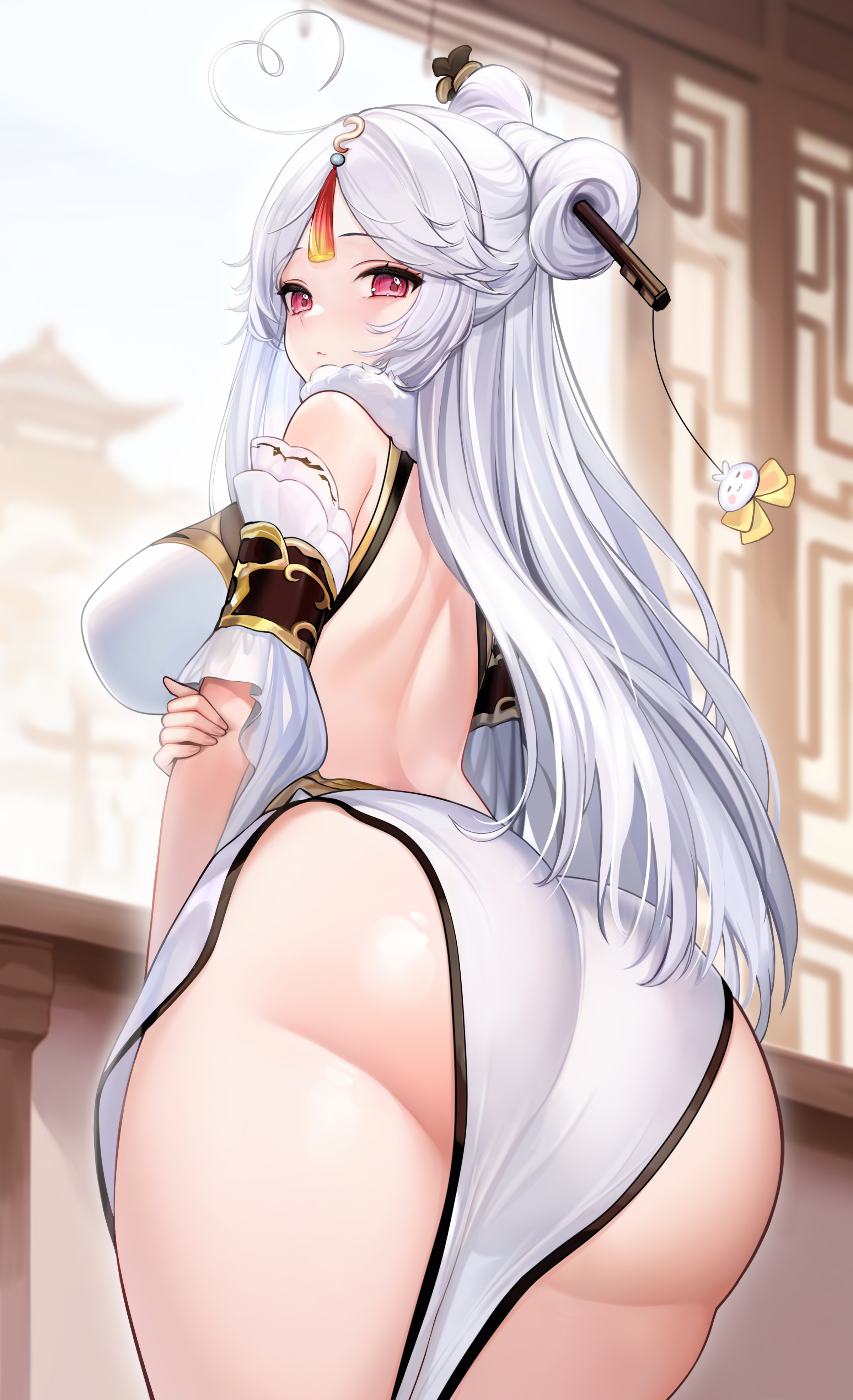 Anime 2400x3939 Genshin Impact Pixiv Ningguang (Genshin Impact) anime white hair Niliu Chahui rear view looking over shoulder ass anime girls long hair portrait display red eyes hair ornament thick ass big boobs closed mouth tassels looking at viewer low-angle looking back backless sunlight
